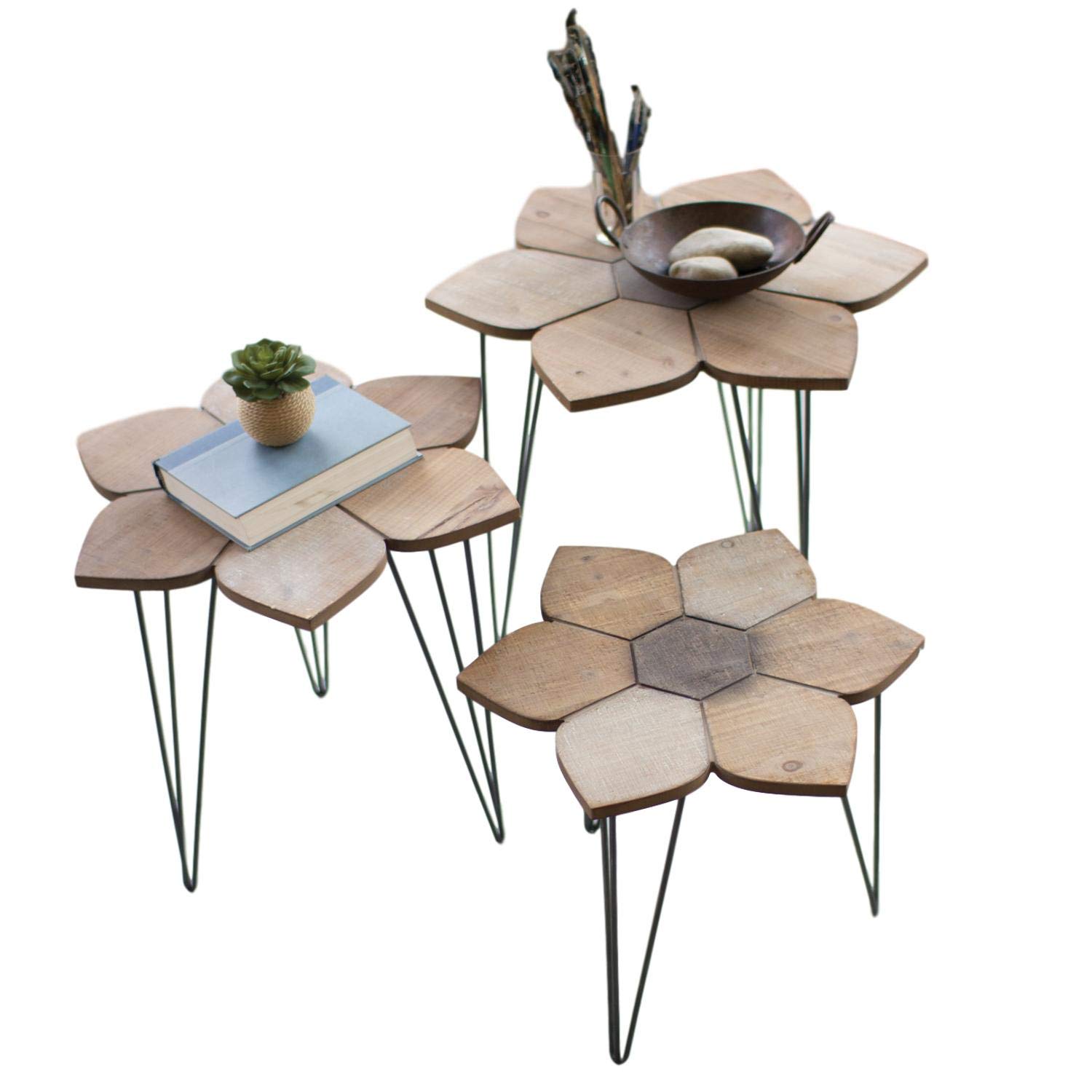 Rustic Carved Flower Wood Accent Side Tables Set of 3 with Metal Legs - Natural Elegant Home Decor for Living Room, Bedroom & Patio