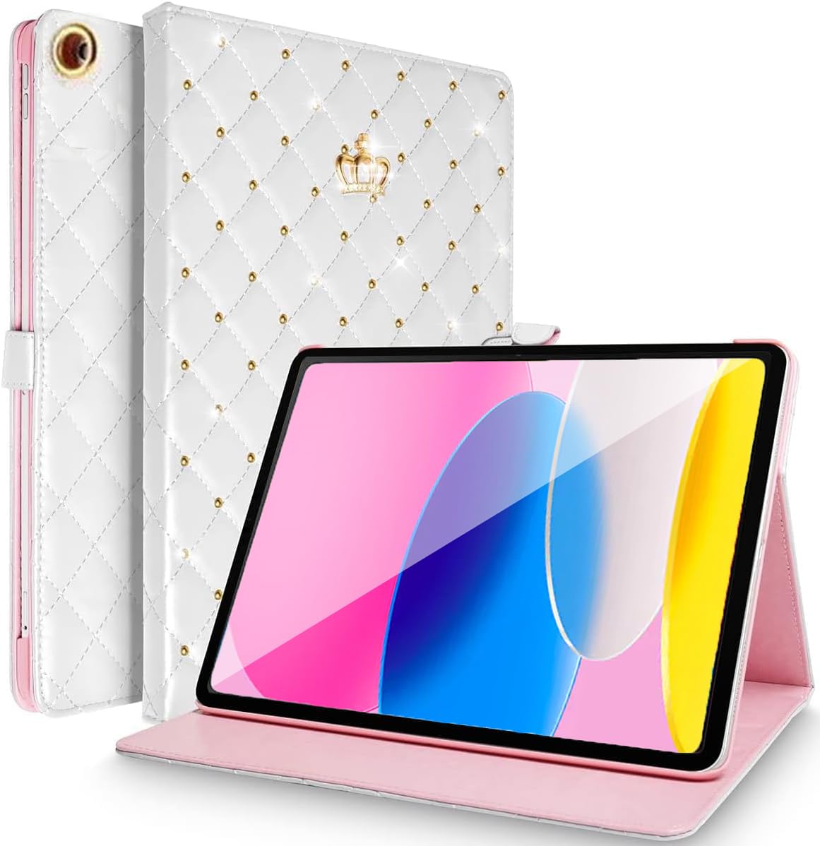 Elegant Diamond Bling PU Leather Case for iPad 9.7 Inch (6th/5th Gen 2018/2017 & iPad Air 2/Air) - Auto Sleep/Wake, Shockproof Folio Stand Cover - Perfect for Work, School & Travel (White)