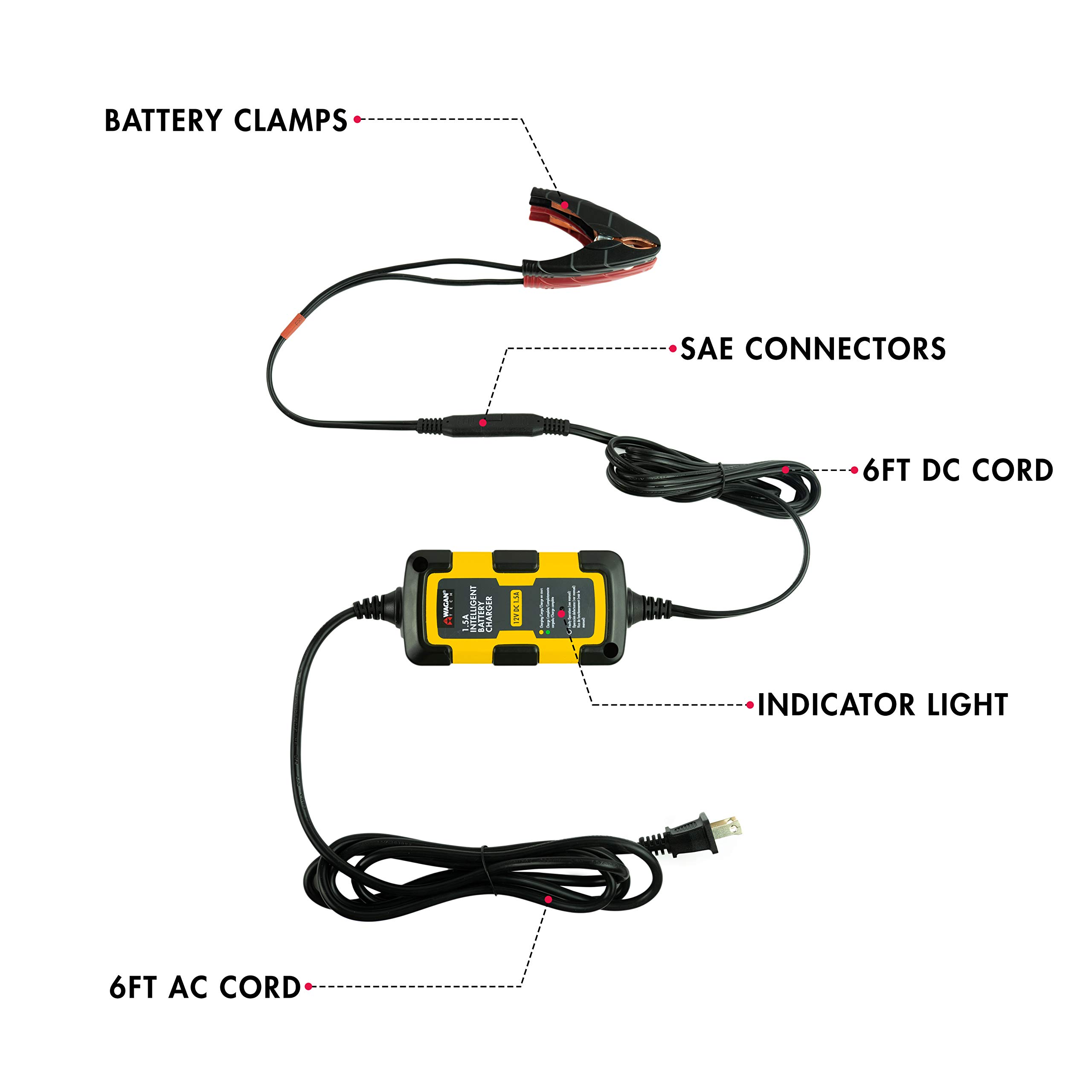 Wagan EL7402 12V 1.5A Smart Battery Charger & Maintainer - Fully Automatic for Cars, Motorcycles, Boats & RVs - Ideal for Long-Term Storage & Winter Maintenance