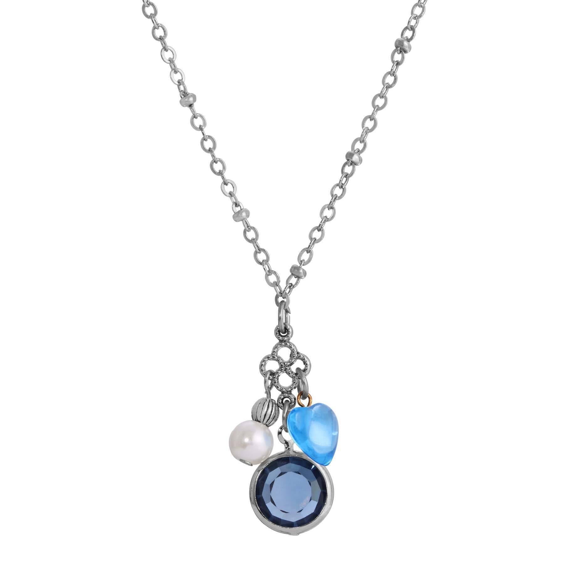 1928 Jewelry Montana Blue Channel Sapphire Crystal Heart & Pearl Charm Pendant Necklace 16
