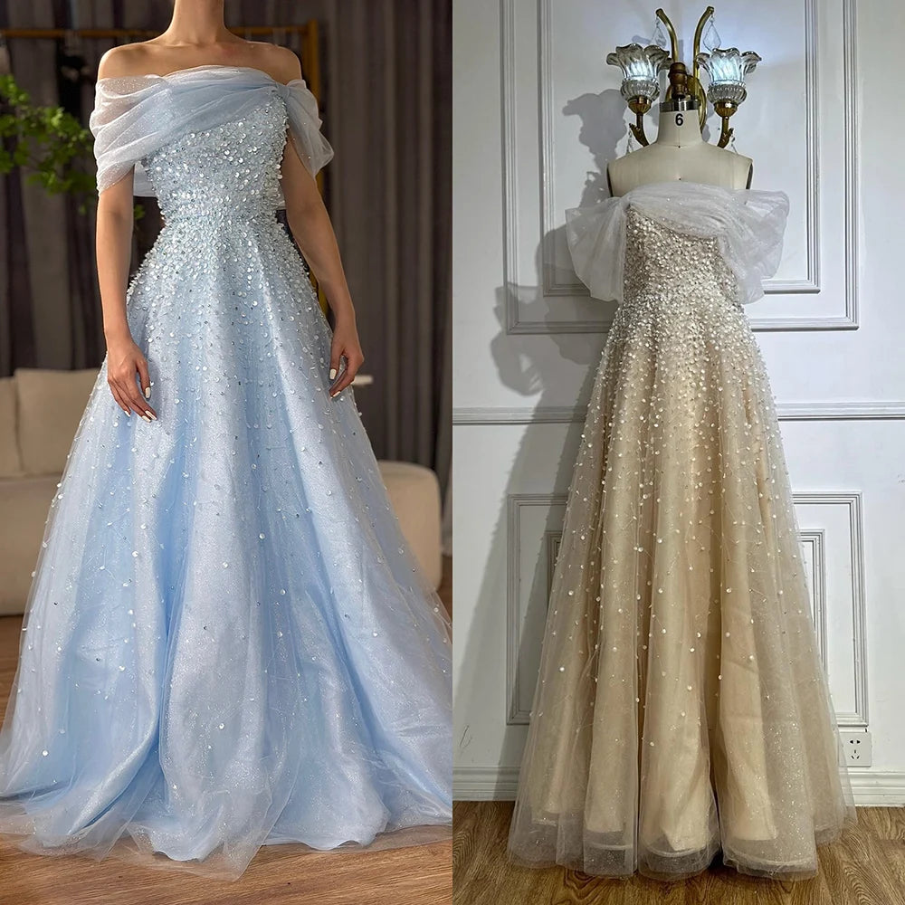 Elegant Blue Beaded Off-Shoulder A-Line Long Evening Gown for Women - Dubai Arabic Inspired Formal Dress LA72009A - Perfect for Weddings, Galas & Special Occasions