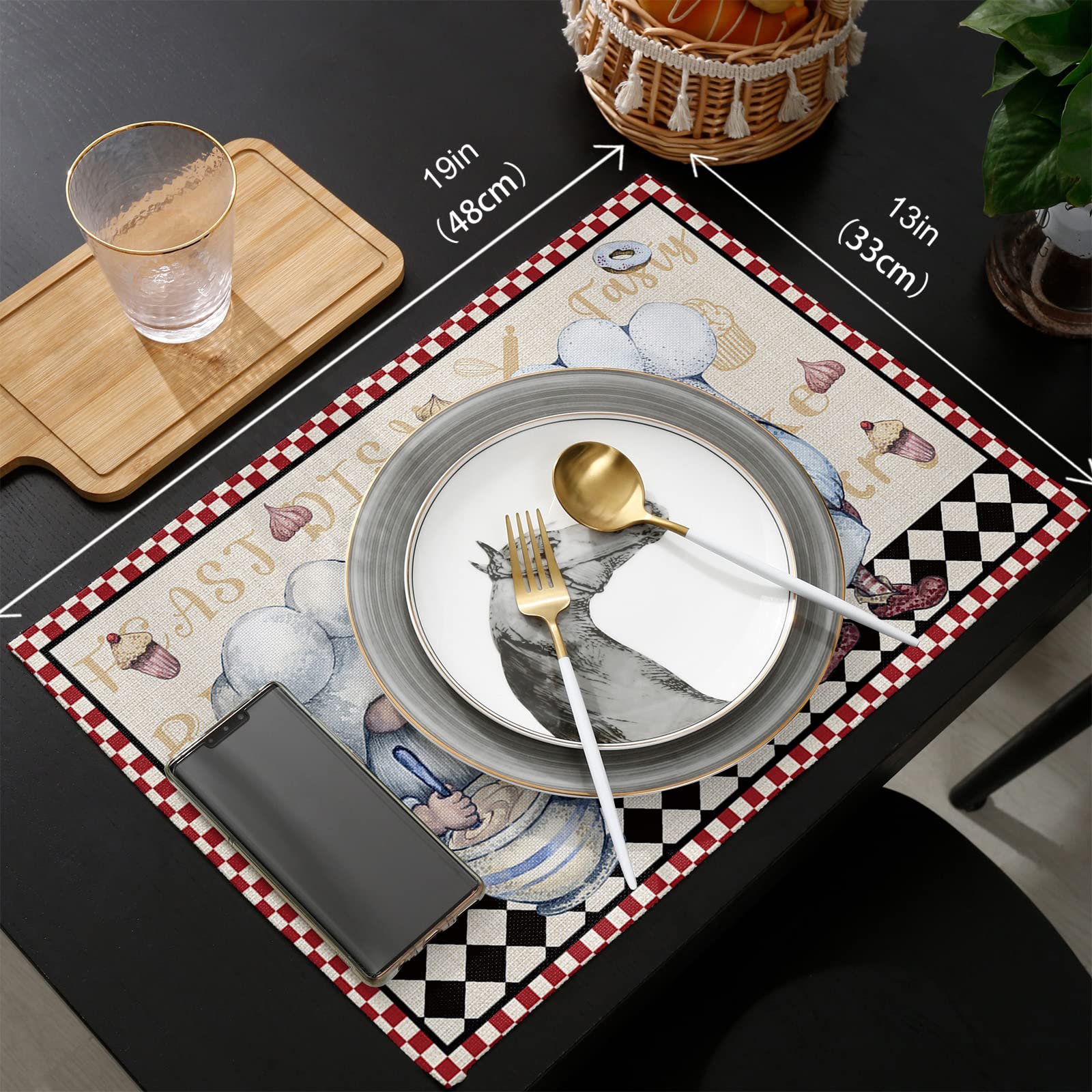 Fat Chef Table Runner Set with 6 Placemats - 13x70 Inch Checkered Black White Red Plaid Kitchen Decor - Machine Washable for Indoor/Outdoor Use - Perfect for Dining Room, Kitchen Island, Buffet Table, and Holiday Decorations