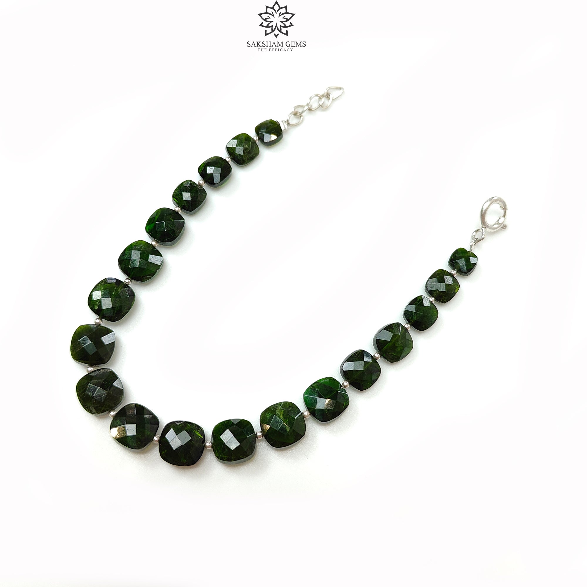 Chrome Diopside Gemstone Beads Bracelet - 8mm Green Checker Cut Beads with 925 Sterling Silver - 11.59gms Healing Crystal Jewelry for Meditation, Yoga & Spiritual Energy Balancing