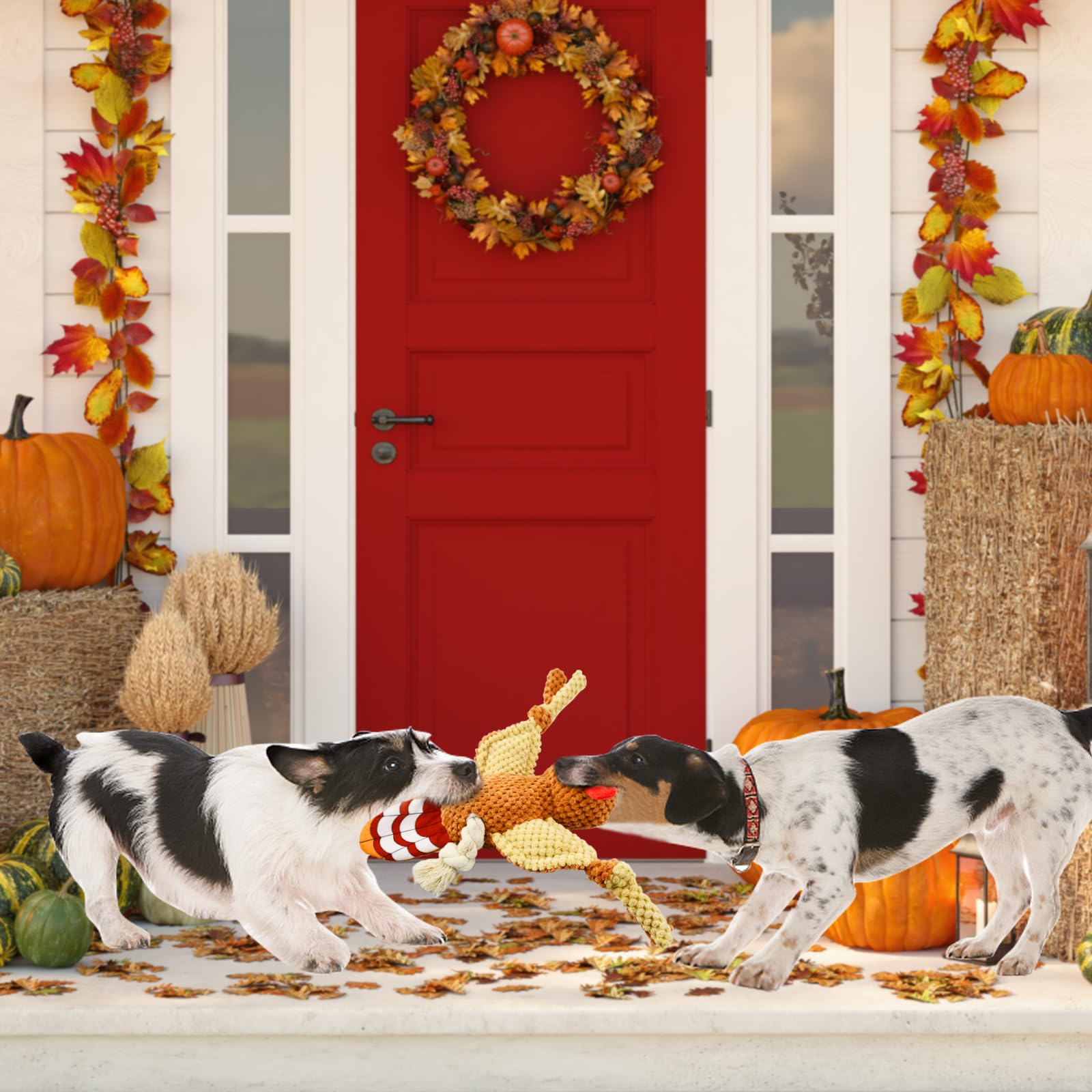 Vehomy Halloween & Thanksgiving Dog Toys - 2PCS Squeaky Pumpkin & Turkey Chew Toys for Small to Medium Dogs - Interactive Puppy Tug of War Toy for Holiday Playtime & Training