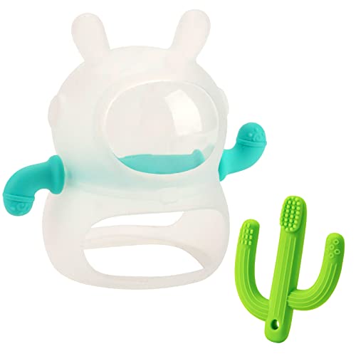 SHARE&CARE Baby Teething Toys Set - Cactus & Astronaut Design Teethers with Anti-Dropping Wrist Strap, Safe Chew Toys for Infants (CA-Green+Green) | Perfect for Soothing Sore Gums During Teething & On-The-Go Comfort