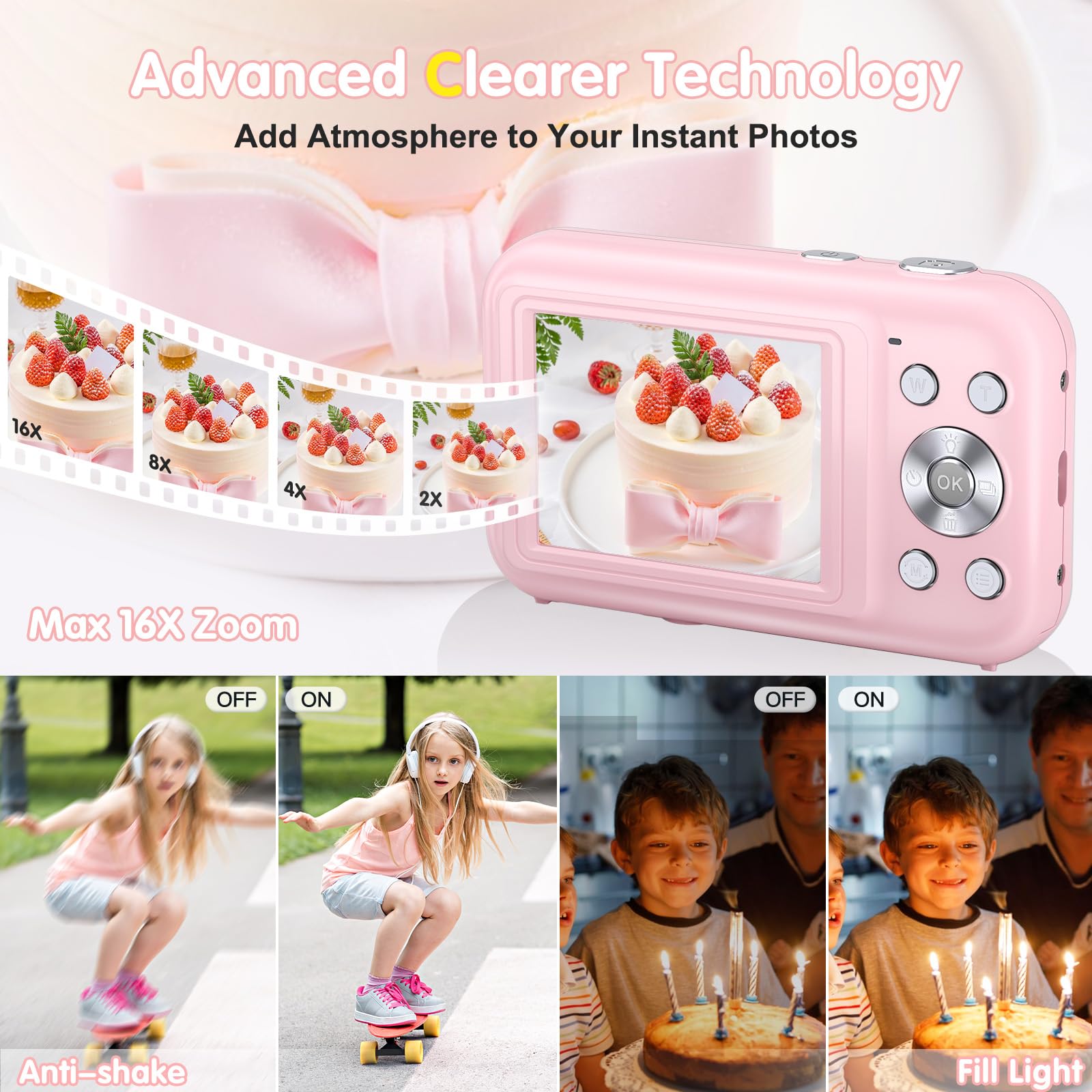 44MP Kids Digital Camera with 1080P FHD Video, 16X Zoom & Anti-Shake - 32GB Memory Card Included | Perfect Gift for Teens, Boys & Girls | Compact Point and Shoot Camera with Fill Flash (Pink) | Great for Birthday Gifts, Travel Photography & First-Time Photographers
