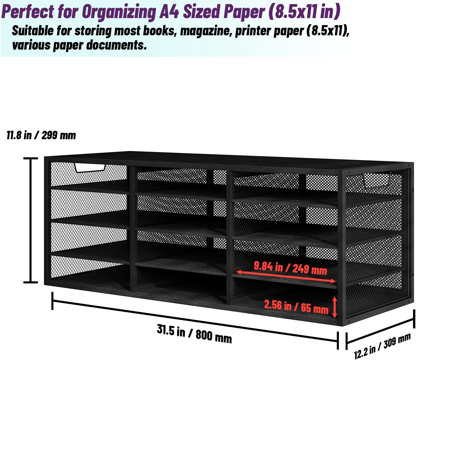 Premium Black Metal Letter Size Paper Organizer - 12 Compartment Desktop File Holder for Mail, Documents & Office Supplies | Durable Literature Sorter for Home & Office Organization | Keep Workspace Tidy & Efficient