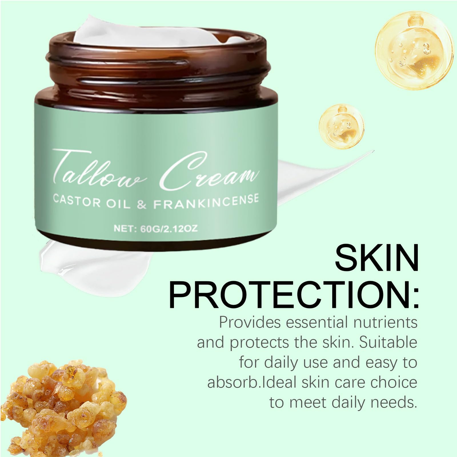 Organic Grass-Fed Beef Tallow with Frankincense & Castor Oil - All-Natural Skin Moisturizer for Face & Body - Hydrating Tallow Balm for Dry Skin, Eczema & Anti-Aging - Perfect for DIY Skincare & Natural Beauty Routine (1PC)