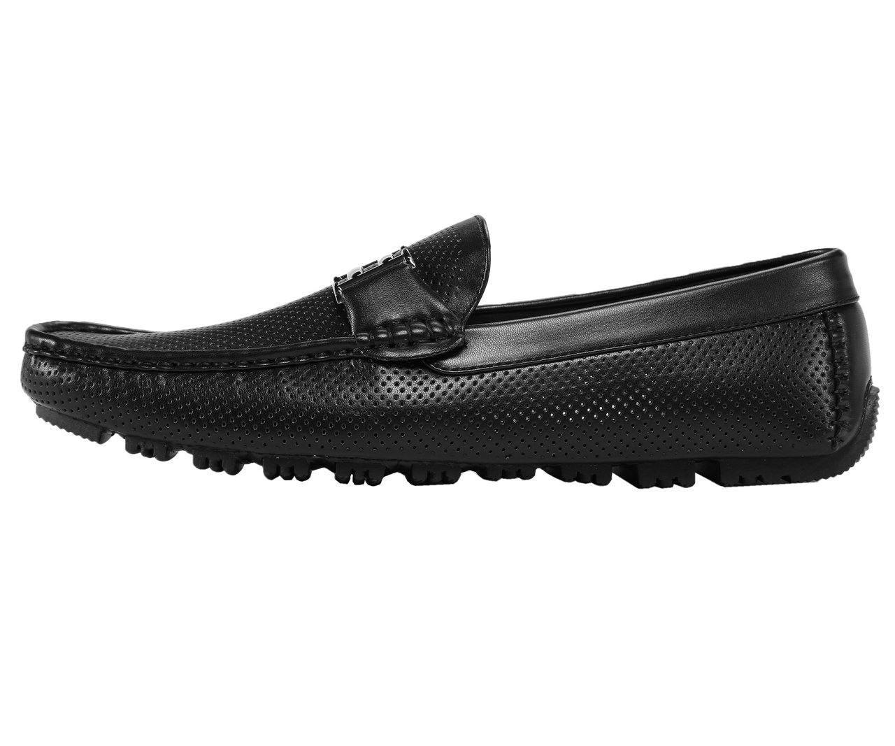 Men's Black Perforated Smooth Leather Driving Moccasin Loafers - Comfortable Slip-On Shoes for Casual Wear & Business Attire