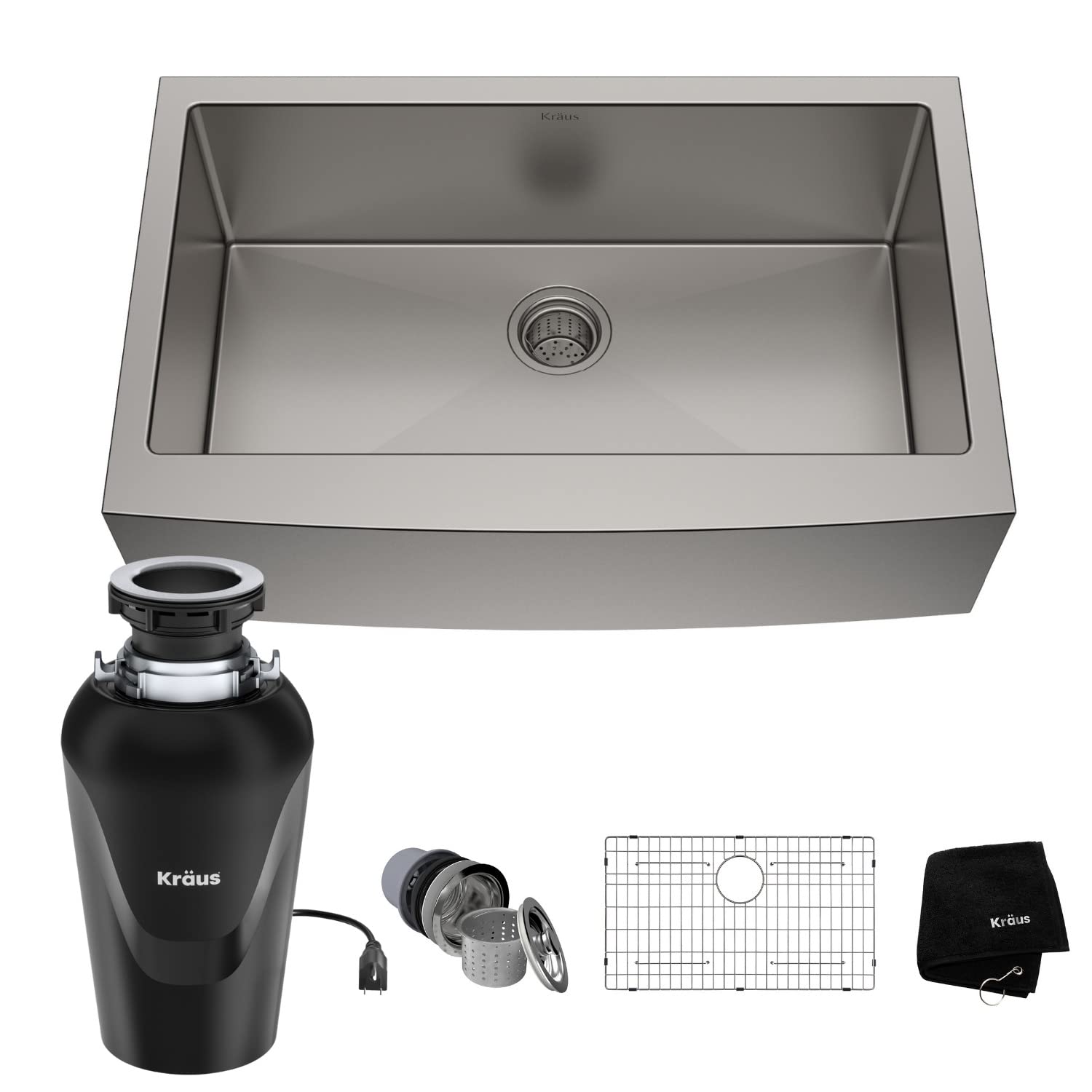 KRAUS Standard PRO™ 33-inch 16 Gauge Single Bowl Stainless Steel Farmhouse Kitchen Sink with WasteGuard™ Continuous Feed Garbage Disposal - Perfect for Modern Farmhouse Kitchens, Heavy-Duty Food Prep & Entertaining (Model KHF200-33-100-75MB)