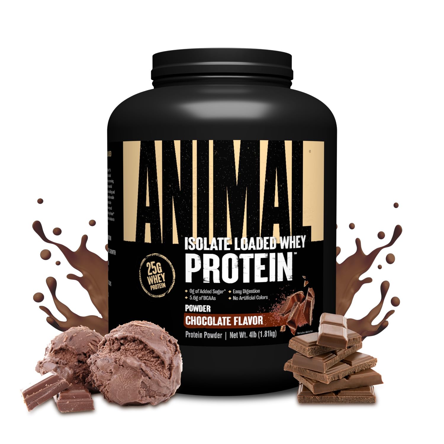 Animal Whey Isolate Protein Powder - 25g Protein for Muscle Building & Recovery, Low Sugar with Digestive Enzymes - Chocolate Flavor 4 lbs - Perfect for Pre & Post Workout for Men & Women - Great Taste for Smoothies & Shakes