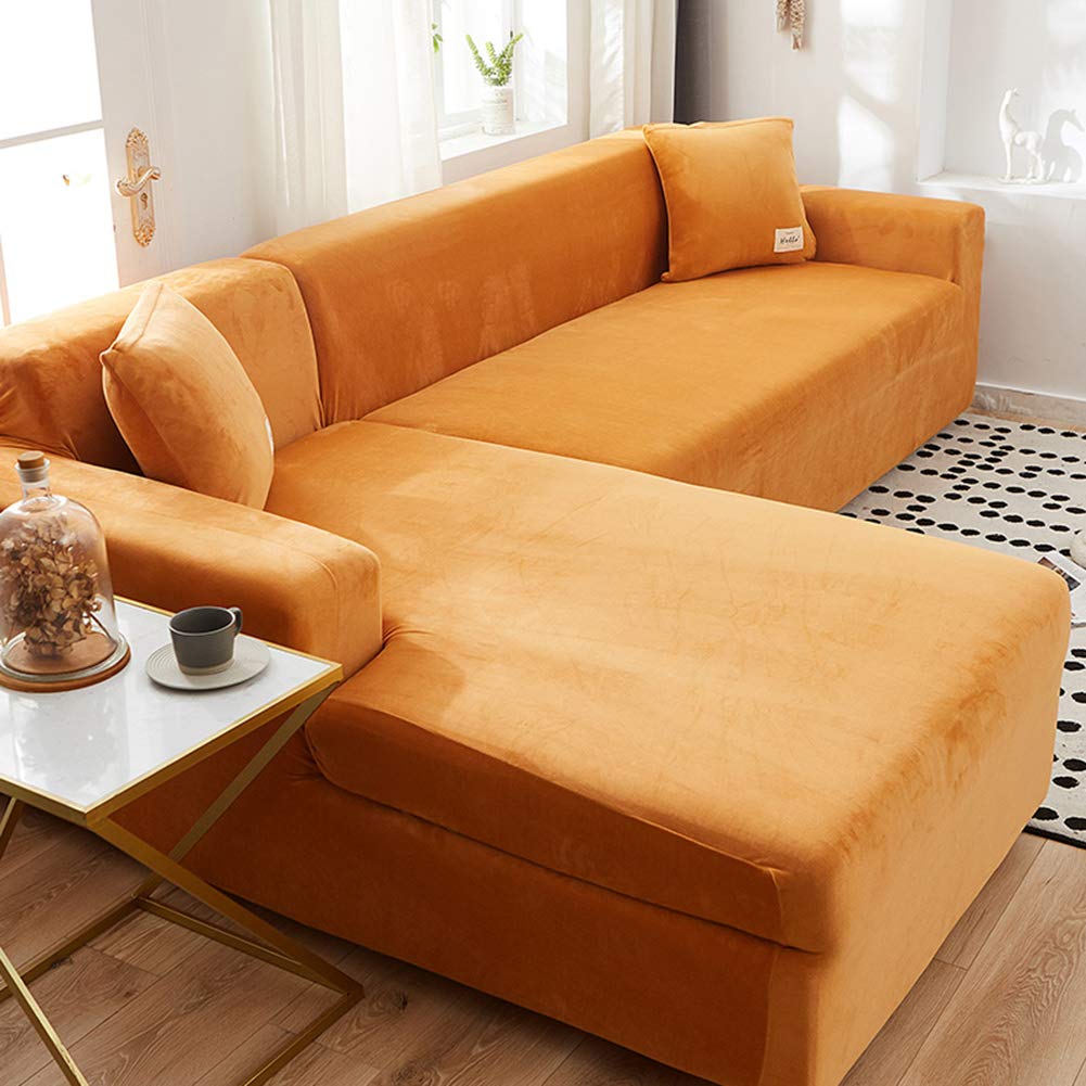 Premium L-Shaped Sectional Sofa Cover - Universal Fit for 4-Seat Couches (235-300cm) | Solid Orange Leather-Look Furniture Protector | Pet-Friendly Sofa Slipcover for Dogs | Perfect for Living Rooms, Home Theaters & Family Gatherings