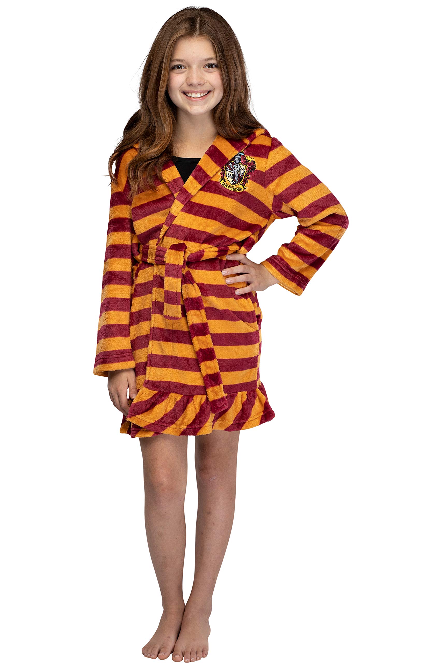 Harry Potter Girls' Striped Ruffle Plush Fleece Robe - Gryffindor, Hufflepuff, Slytherin & Ravenclaw House Styles | Cozy Winter Loungewear & Halloween Costume for Kids & Teens