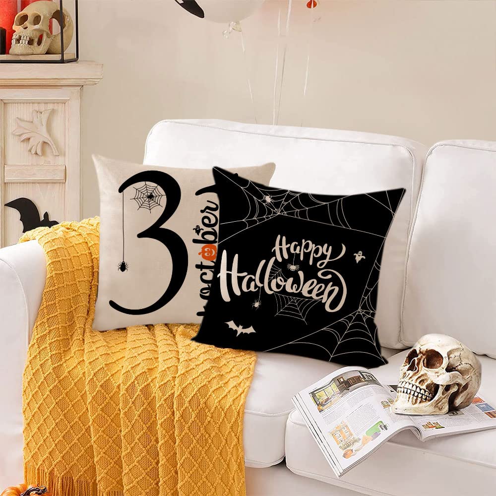 Halloween Pillow Covers 12x12 Set of 4 - Spooky Trick or Treat Throw Pillow Covers with Black Spider Web Design for Sofa, Couch, Bed - Perfect for Indoor & Outdoor Halloween Decorations (12 by 12 Inches)