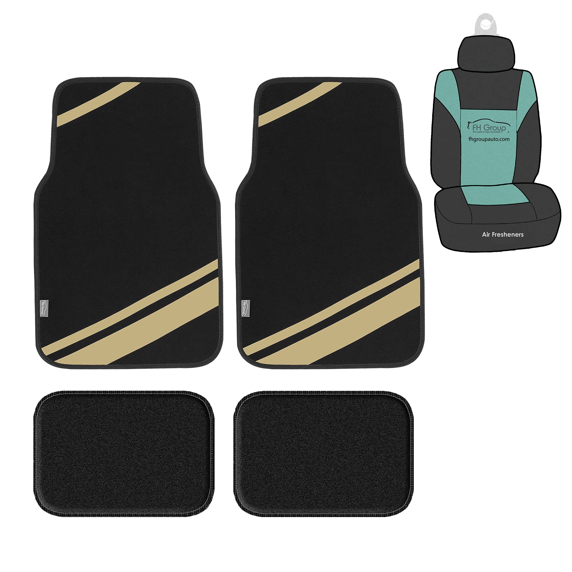 FH Group Universal Automotive Floor Mats - All Weather Faux Leather & Carpet Combo for Cars, SUVs, Trucks | Beige Striped Design, Small Car Seat Protector | Durable Floor Liners for Sedan, SUV, Pickup | Perfect for Daily Commute, Road Trips & Off-Road Adventures