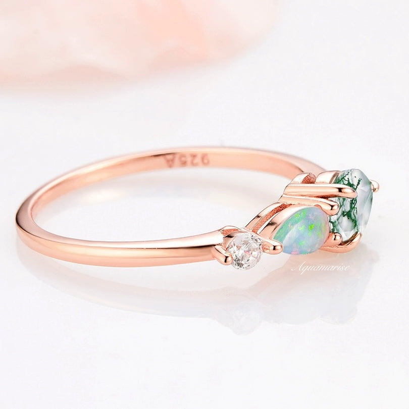 Natural Green Moss Agate & Fire Opal Ring - 14K Rose Gold Vermeil Jewelry for Women | Elegant Statement Ring for Wedding, Party & Everyday Wear