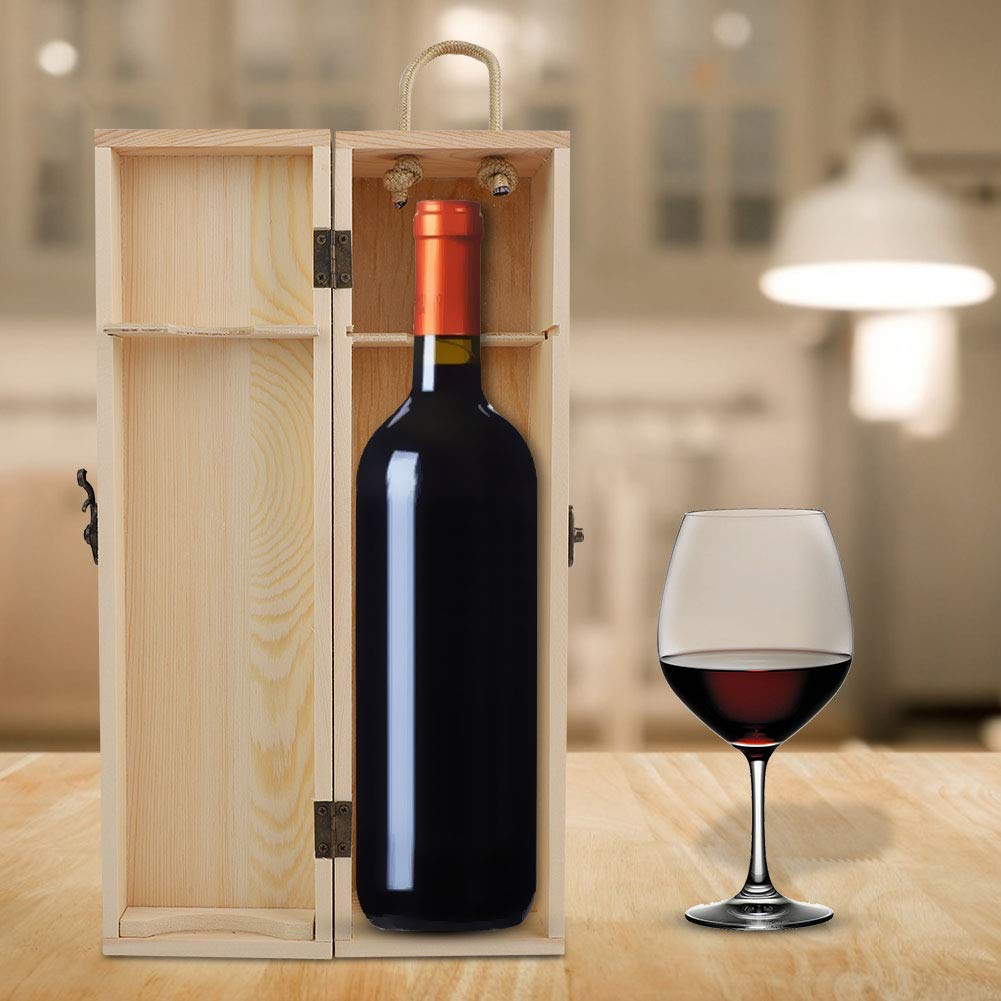 Lyrlody Wooden Wine Bottle Gift Box with Handle - Vintage Decorative Wine & Champagne Box (10x10x34cm) - Perfect for Anniversary, Wedding & Holiday Gifting
