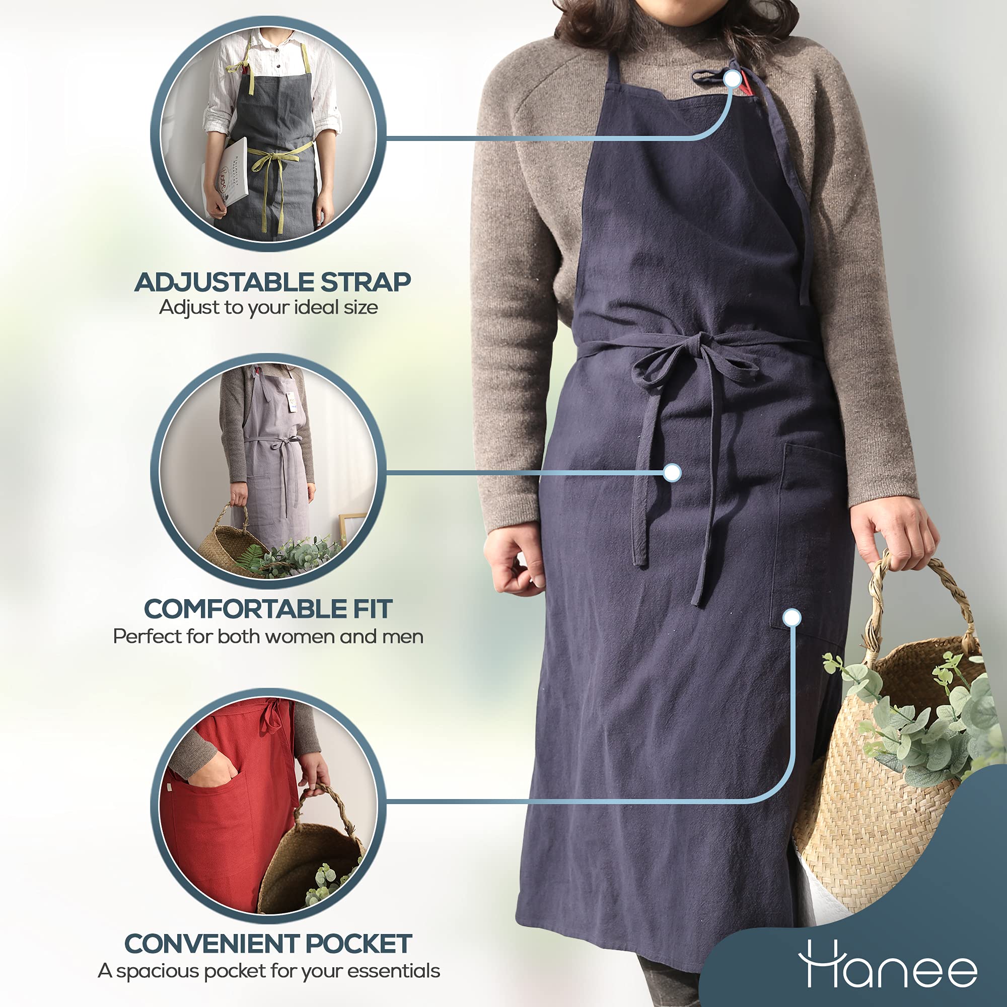 Premium Linen Kitchen Apron for Women & Men - Adjustable Bib Apron with Pockets for Cooking, Baking & Grilling (9 Colors) - Ideal for Home Chefs, BBQ Parties & Professional Kitchens