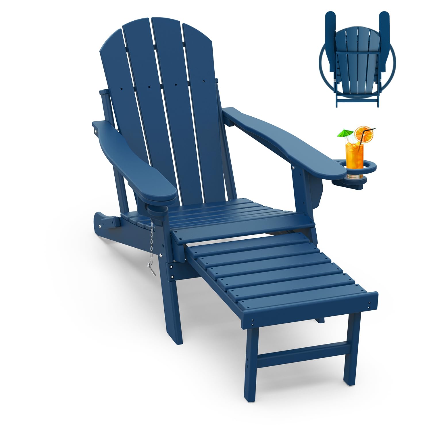 Premium Folding Adirondack Chair with Ottoman & Retractable Footrest - All-Weather HDPE Plastic Outdoor Lounge Chair - Blue Fire Pit Chair with Cup Holders - Perfect for Poolside, Patio, Garden & Backyard Relaxation