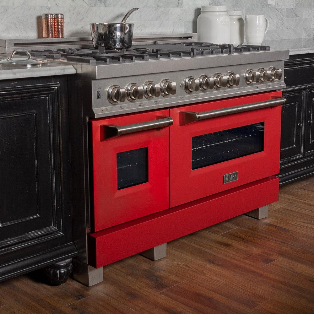 ZLINE 48-Inch 6.0 cu. ft. Dual Fuel Range with 7-Burner Gas Cooktop & 2 Electric Ovens - Satin Stainless Steel with Red Matte Doors (RAS RM 48) - Ideal for Professional Home Kitchens and Gourmet Cooking