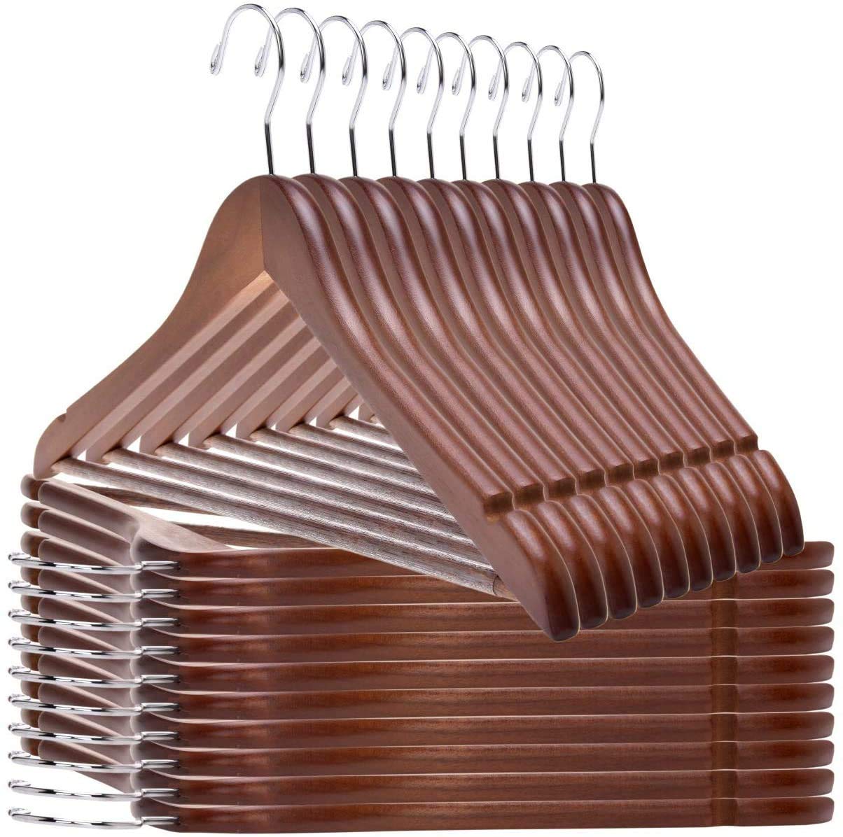 Premium Solid Wooden Hangers 30-Pack - Slightly Curved Design with Chrome Hooks for Clothes, Jackets & Suits - Heavy Duty Walnut Wood Coat Hangers for Wardrobe Organization - Perfect for Home, Closet, Laundry Room & Retail Stores