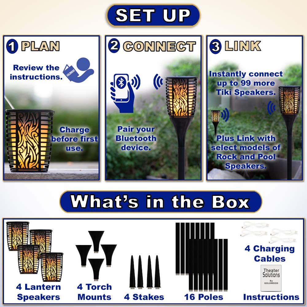 Theater Solutions TT100 240W Rechargeable Bluetooth Tiki Torch Speaker - Wireless Outdoor Party Speaker System with 99 Speaker Linking, 4-Pack Black Lanterns for Patio, Pool & Backyard Entertainment (TT100-2PR)