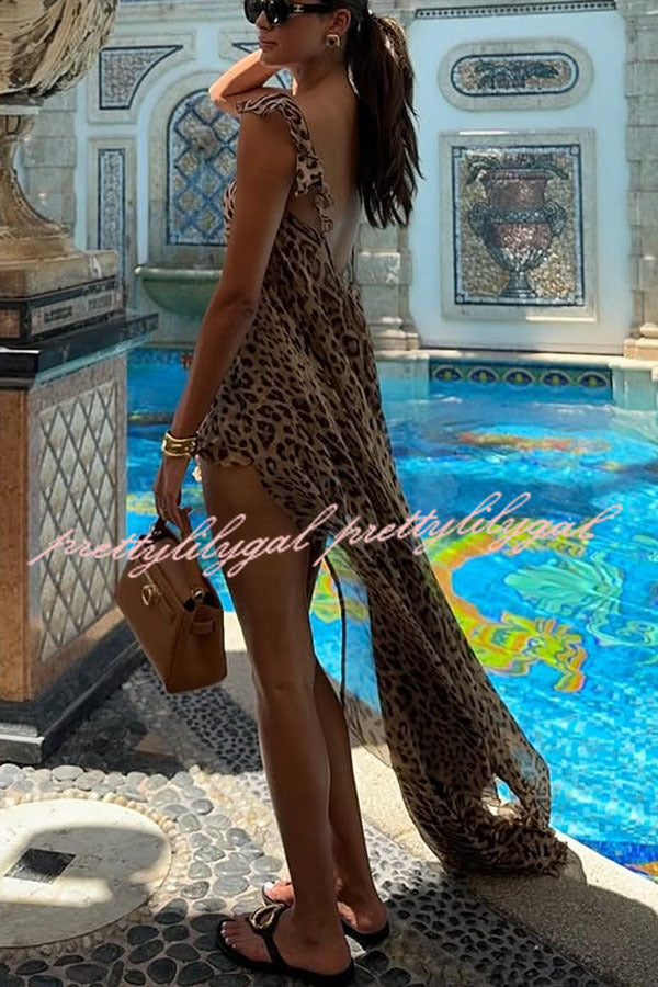 Stylish Leopard Print Tie-Up Slit Midi Top & Elastic Waist Shorts Set - Perfect for Vacation, Beach Outfits, and Summer Fashion