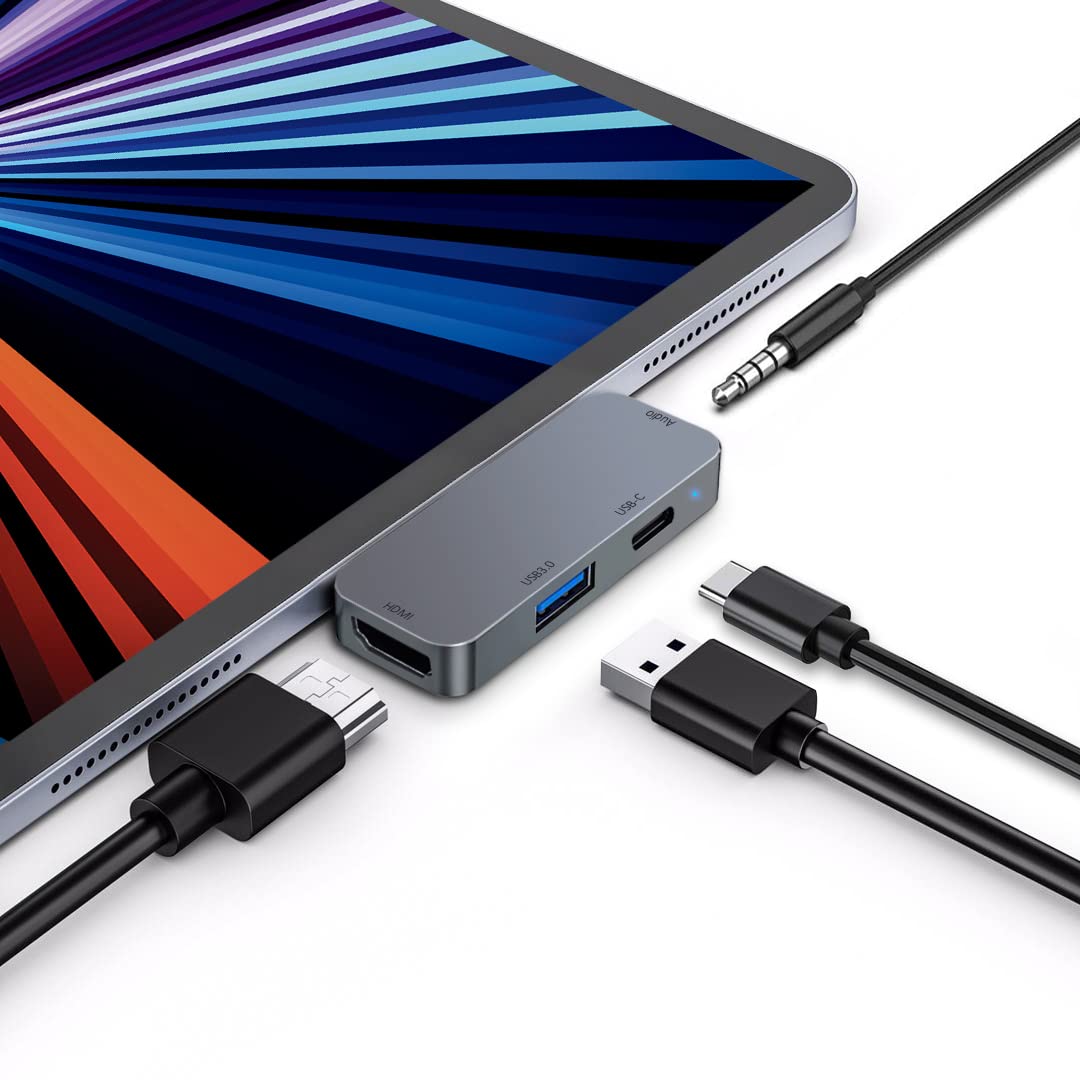 Universal USB C Hub for iPad Pro 2021/2020/2018, iPad Air 4, iPad Mini 6 - 4K HDMI Adapter with 3.5mm Audio, USB 3.0 Ports & USB-C Charging - Compatible with MacBook, Dell, Lenovo & More - Perfect for Home Office, Online Classes & Entertainment
