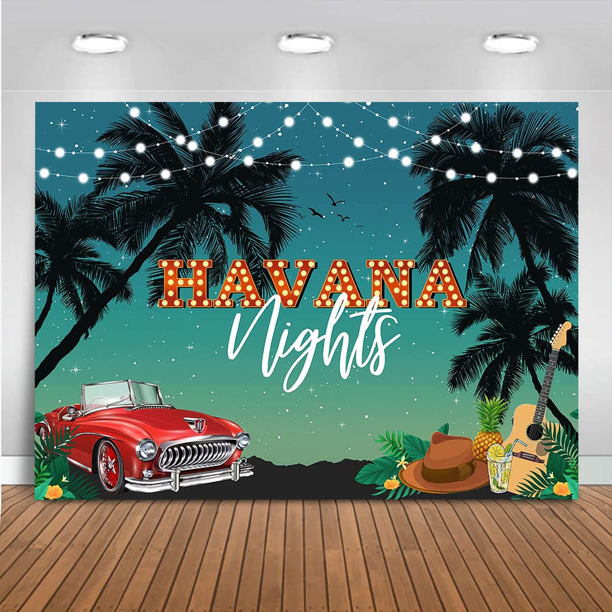 Premium 8x6ft Havana Nights Backdrop - Tropical Palm Sunset & Hawaiian Beach Photography Background for Cuban Parties, Cake Tables, Photo Props | Perfect for Summer Events, Themed Decor, and Social Media Content