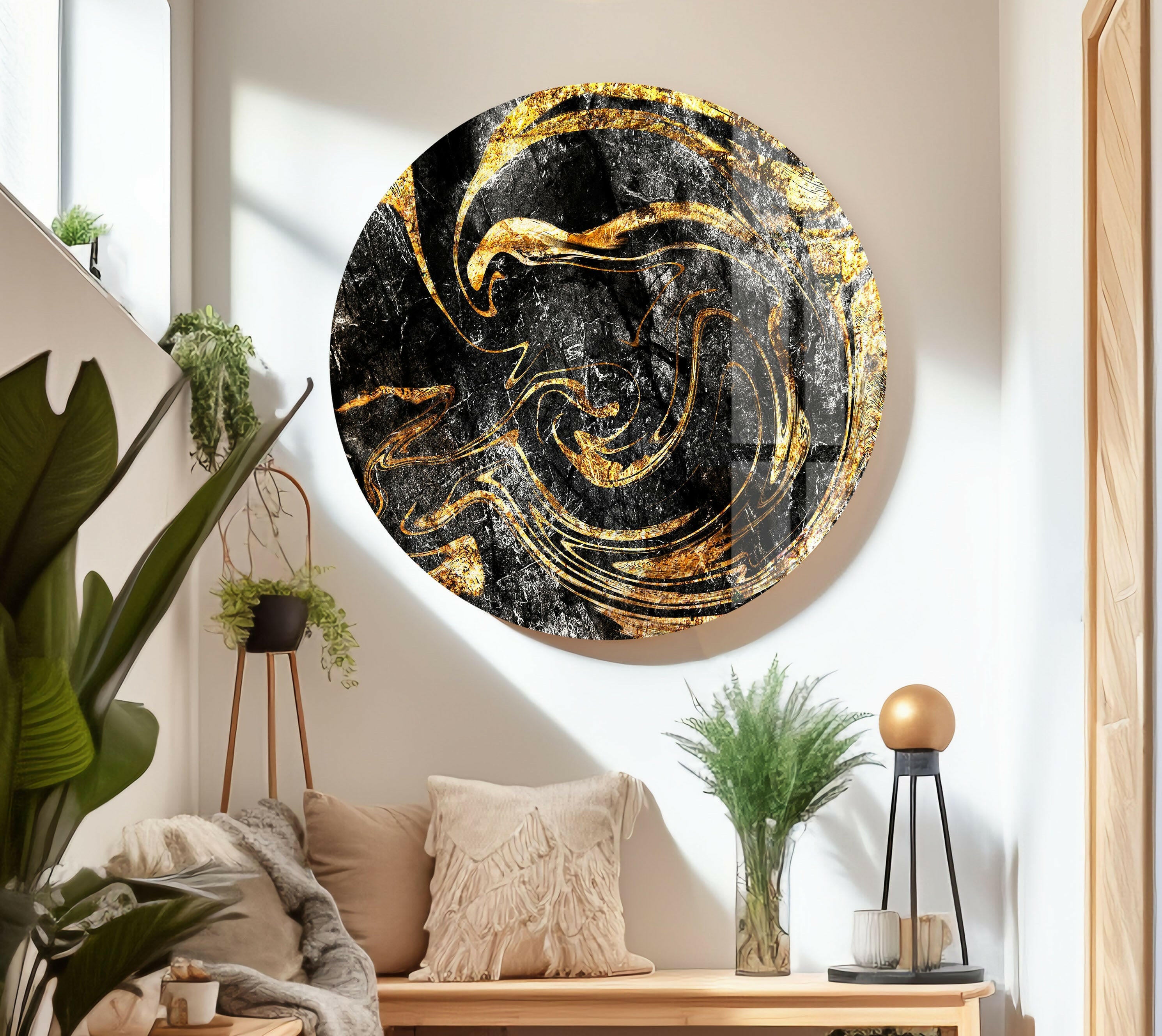Elegant Black and Gold Marbled Glass Wall Art - Modern Home Decor for Living Room, Bedroom & Office