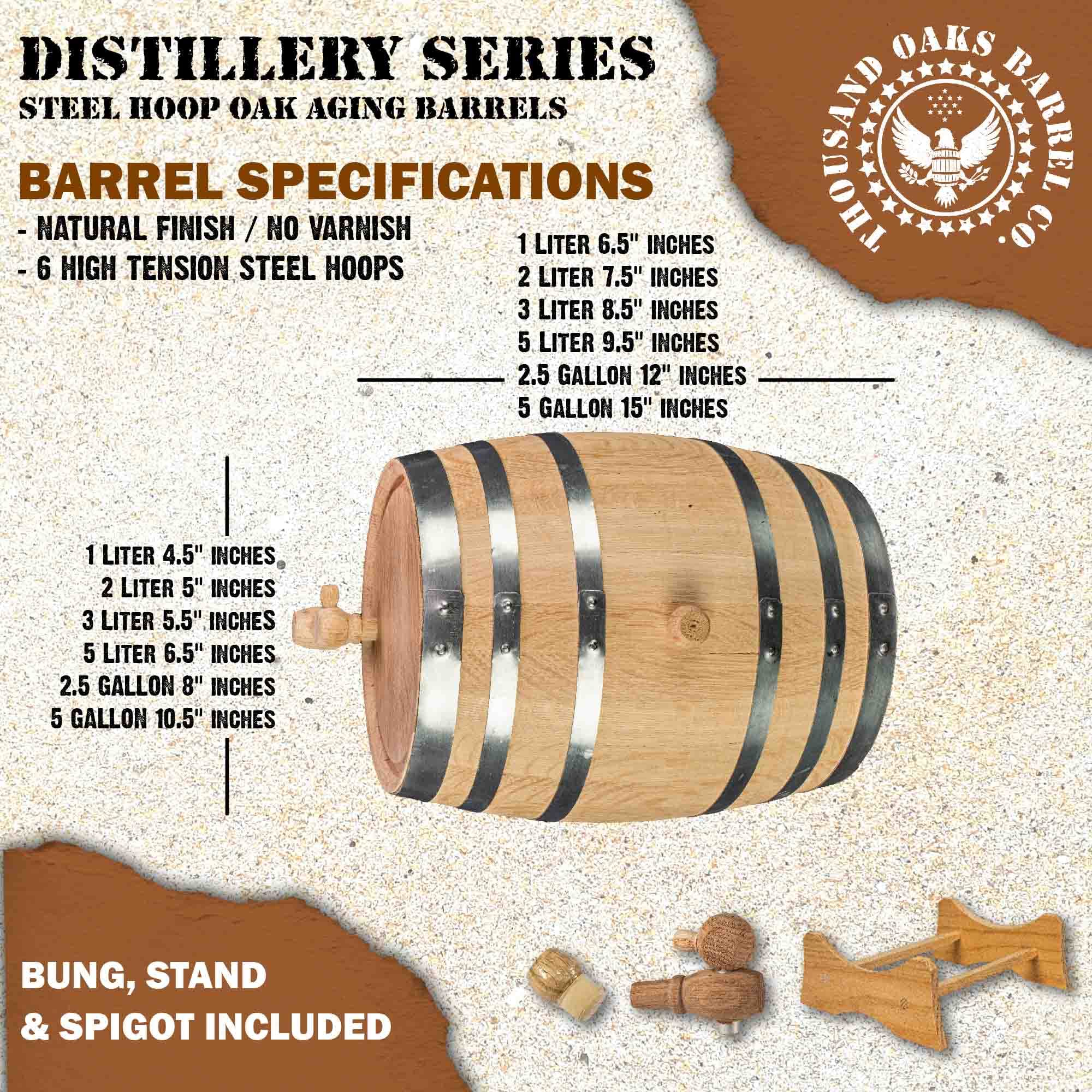 1 Gallon Oak Aging Barrel for Bourbon, Whiskey & Wine - Distillery Series with Steel Hoops, Unvarnished Finish - Includes Wood Stand, Bung & Spigot - Perfect for Home Brewers, Distillers & Winemakers - Ideal for Aging Spirits, Craft Cocktails & Home Bar Decor
