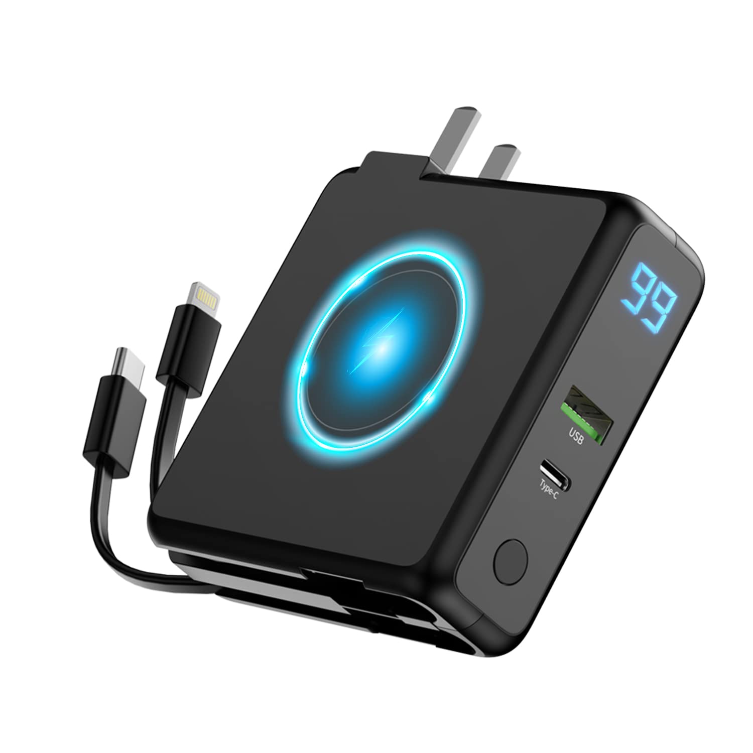 Sanag 10000mAh Portable Charger Power Bank - Fast Wireless Charging, USB-C & Wall Charger with 4 Outputs & 2 Inputs, LED Display | Built-in Plug & Cables | Perfect for Travel, Camping & Emergency Power Backup