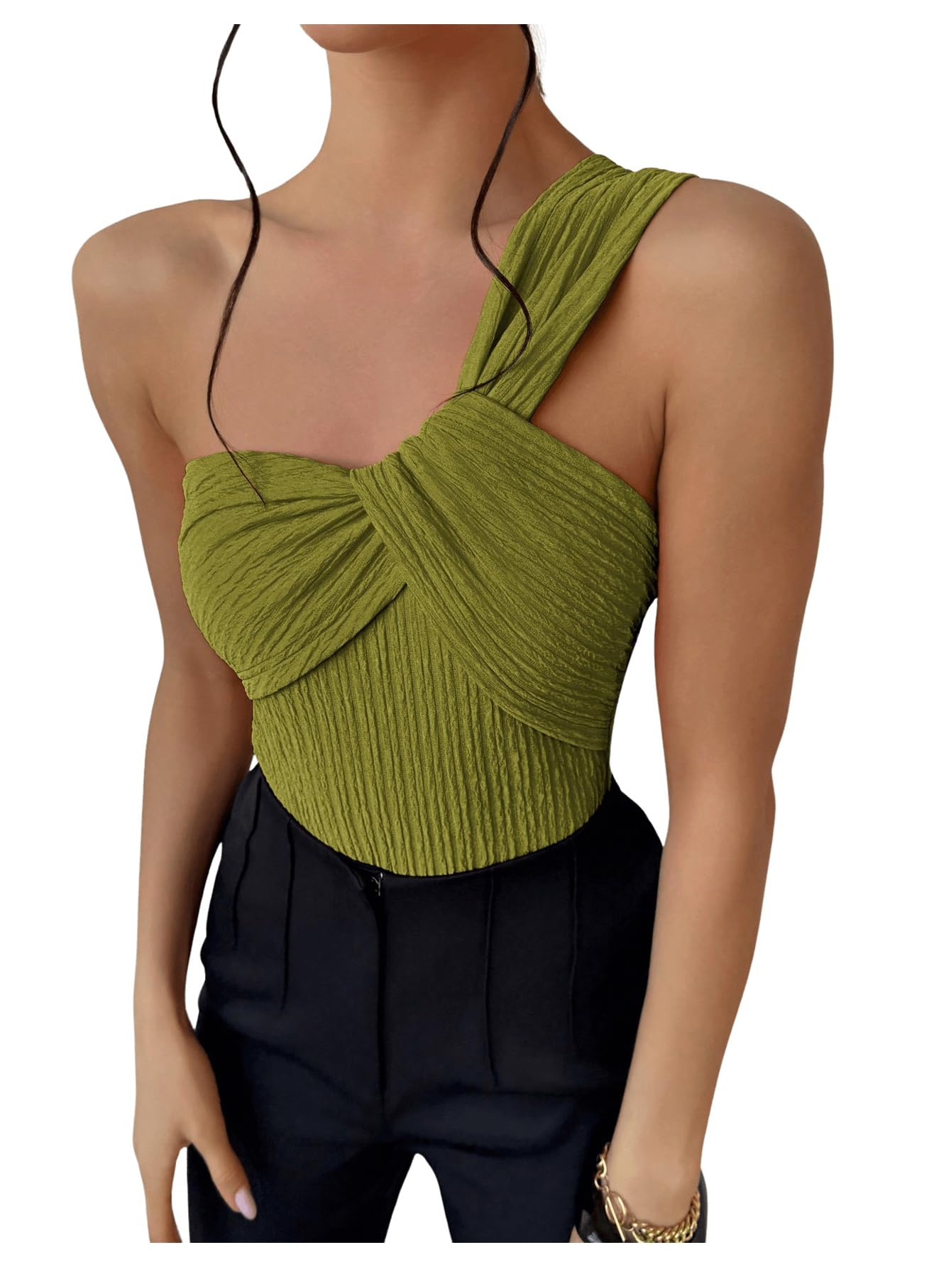 GORGLITTER Women's Sexy Twist Front One Shoulder Bodysuit - Sleeveless Backless Asymmetrical Neck Tank Top Jumpsuit for Party, Club, Date Night & Special Occasions