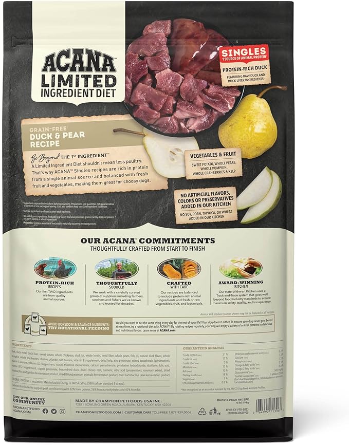 Acana Grain Free Dry Dog Food with Duck & Pear - High Protein, Limited Ingredient Diet for All Breeds - Perfect for Sensitive Stomachs & Allergy Relief