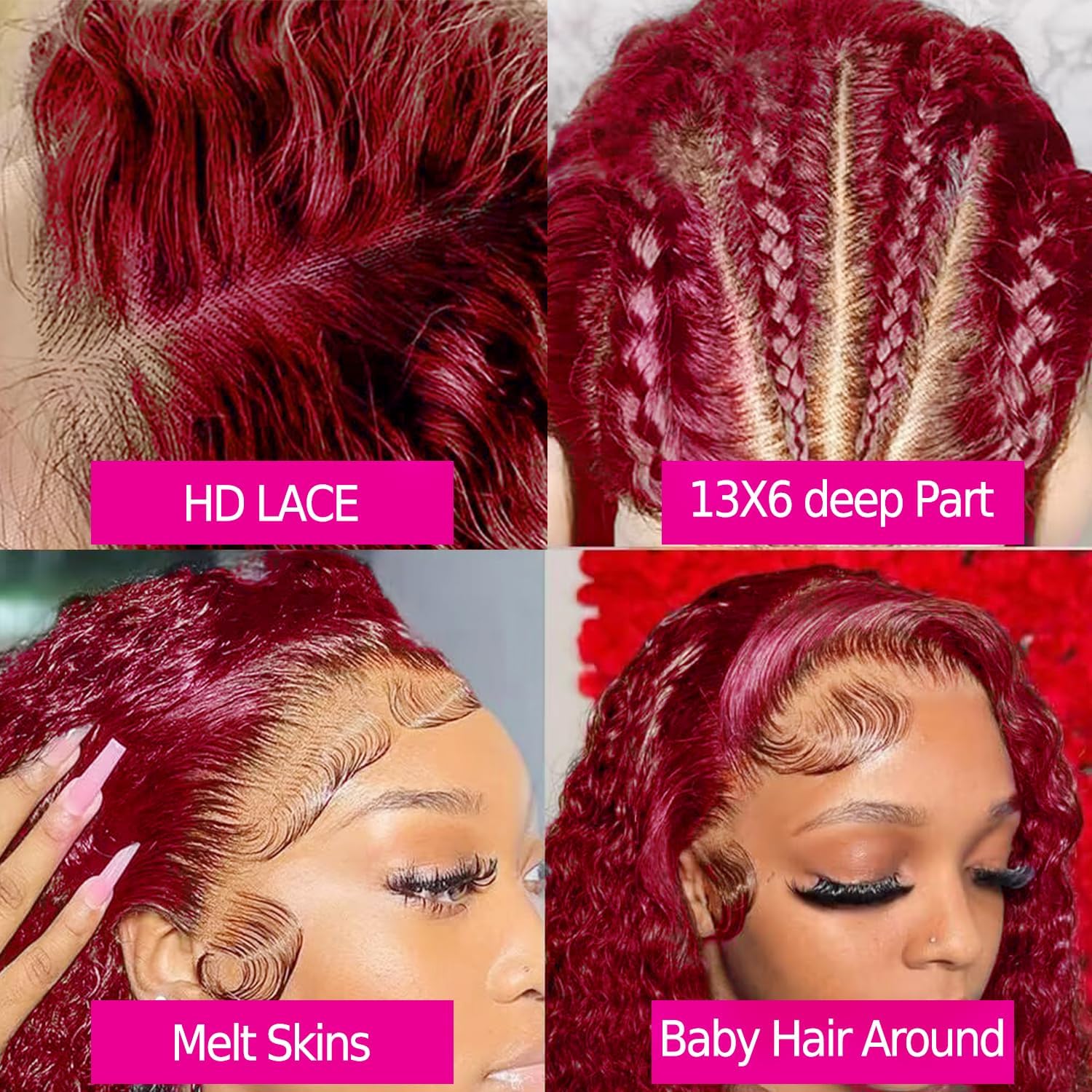 250% Density 99J Burgundy 13x6 Deep Wave HD Lace Front Wig - Brazilian Virgin Human Hair for Women | Glueless Pre-Plucked with Baby Hair | Natural Looking Deep Curly Lace Frontal Wig (28 Inch) - Perfect for Daily Wear, Parties, and Special Occasions
