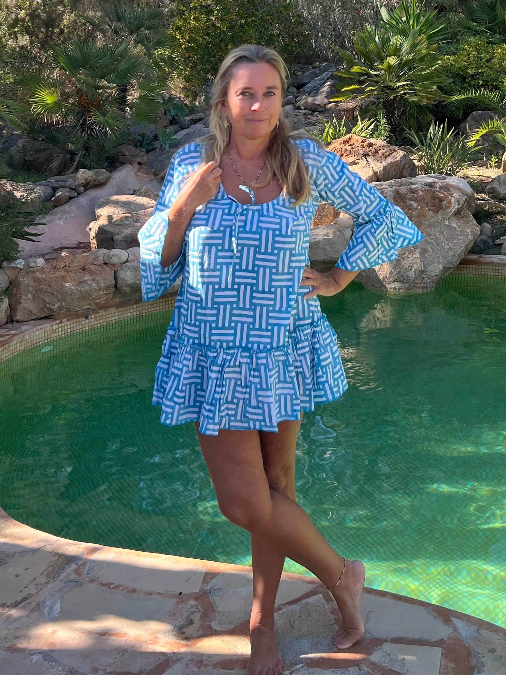 Handmade Block Printed Floral Dress from Ibiza - Bohemian Summer Dress for Beach, Vacation & Casual Wear