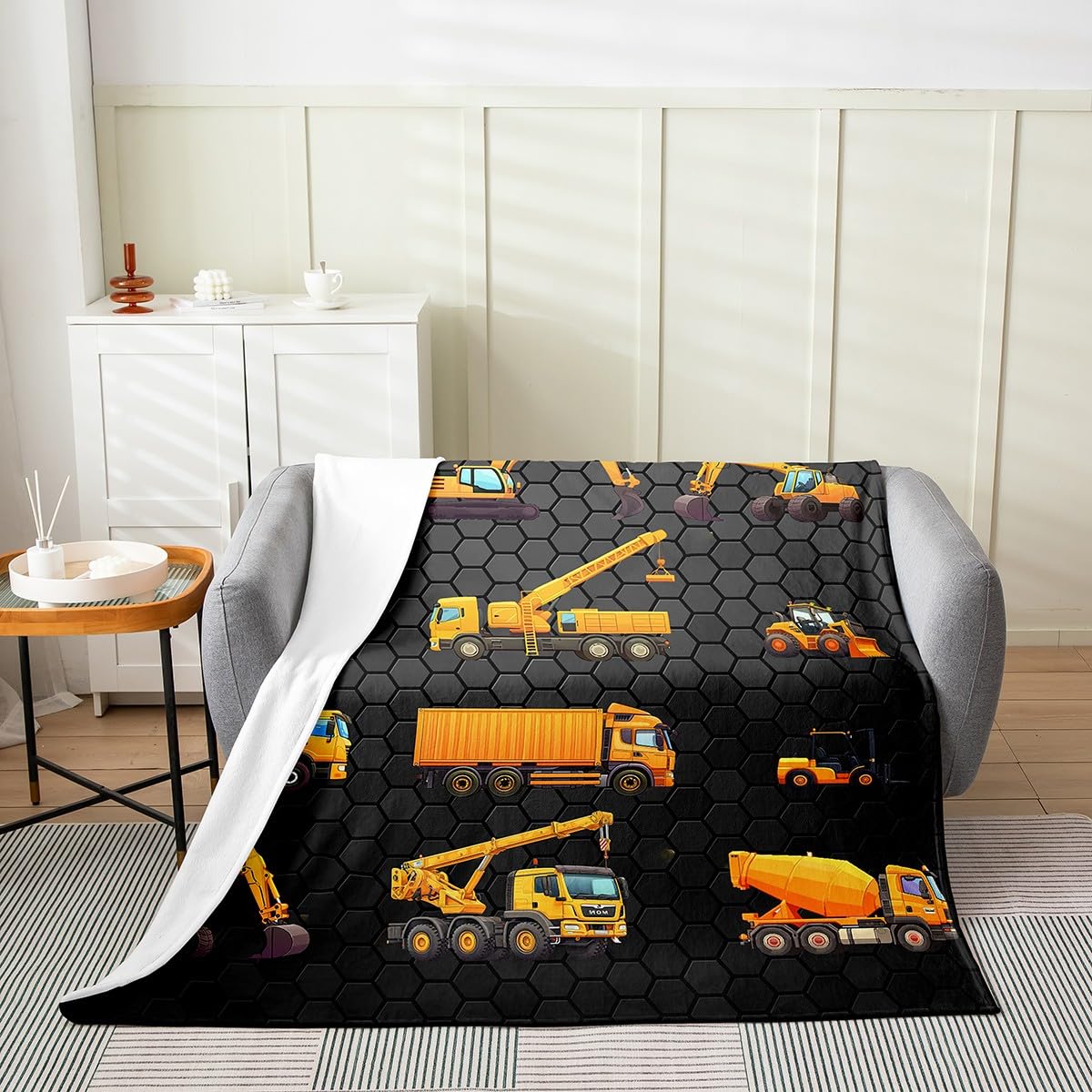 Geometric Hexagon Fleece Throw Blanket - Soft Cozy Flannel Blanket with Construction Vehicle Print for Kids, Women & Adults - 60x80 Inch Plush Cartoon Car Blanket in Black & Yellow - Perfect for Sofa, Bed, Couch & Winter Snuggling