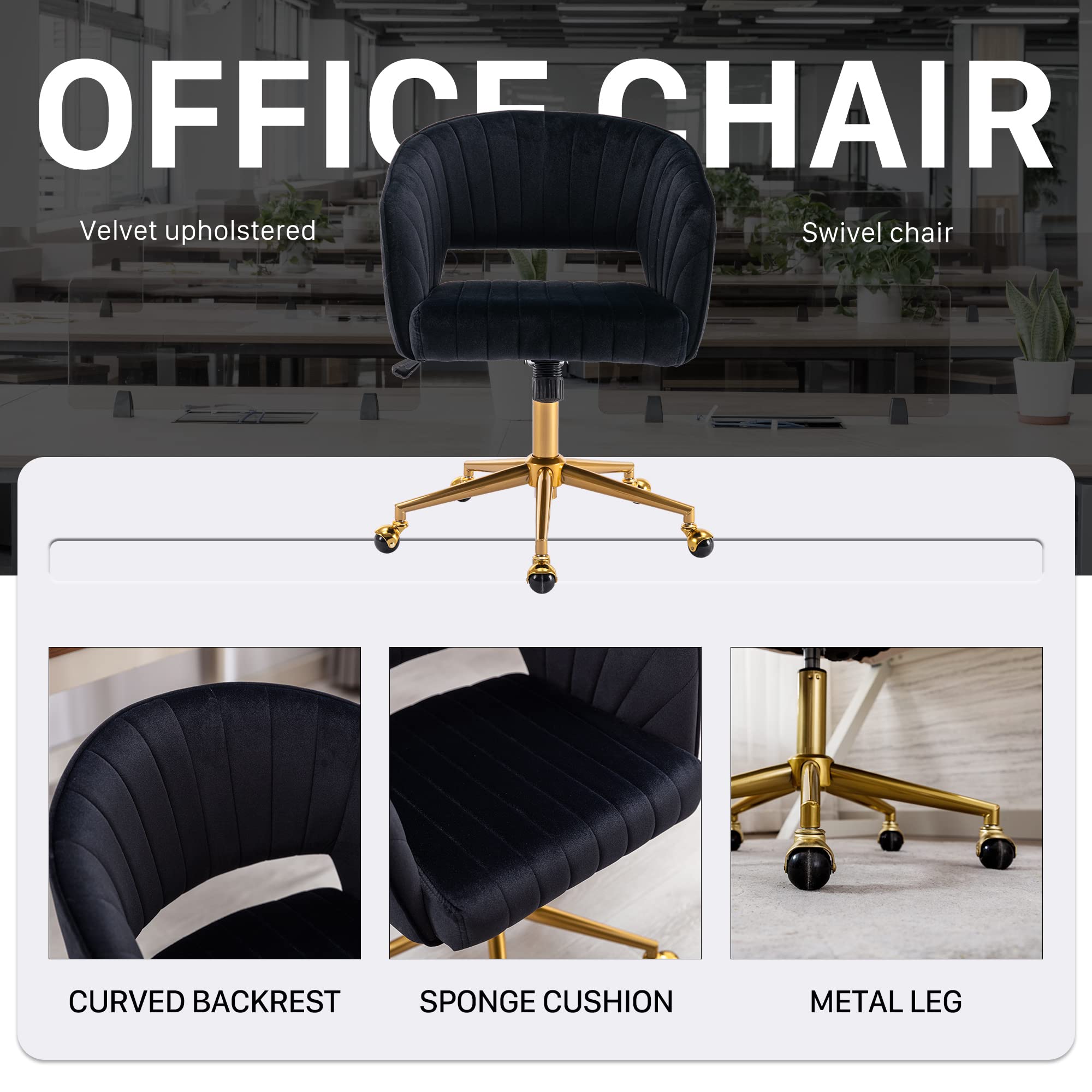 Ergonomic Velvet Swivel Office Chair with Gold Base - Modern Tufted Upholstered Desk Chair for Women, Girls Study & Computer Work - Perfect for Home Office, Living Room & Workspace (Black)