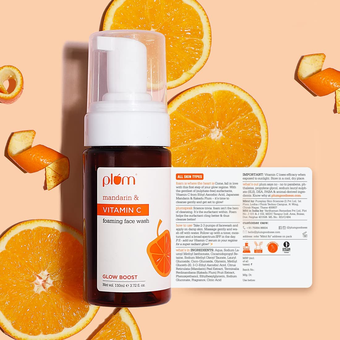 Plum Vitamin C Foaming Face Wash with Mandarin Extract | Brightening Cleanser for Glowing Skin | Gentle Sulfate-Free Formula for Hyperpigmentation & Dullness | 100% Vegan Skincare (110ml) | Perfect for Morning Routine & Pre-Makeup Cleansing