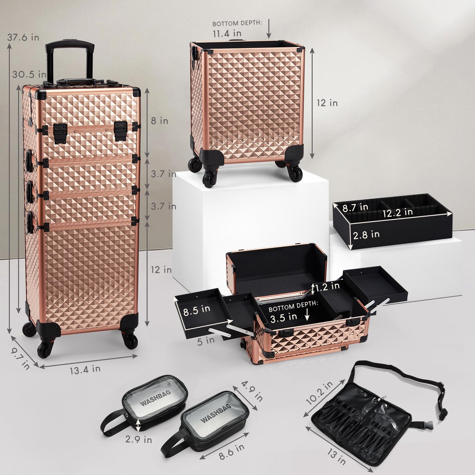 Professional Rolling Makeup Train Case - Large Capacity Cosmetic Organizer with 4-in-1 Storage, Swivel Wheels & Detachable Brush Waist Bag - Perfect for Salon Professionals, Mobile Makeup Artists & Traveling Cosmetologists - Ideal for Makeup Storage, Beauty School, Bridal Services & On-the-Go Stylists