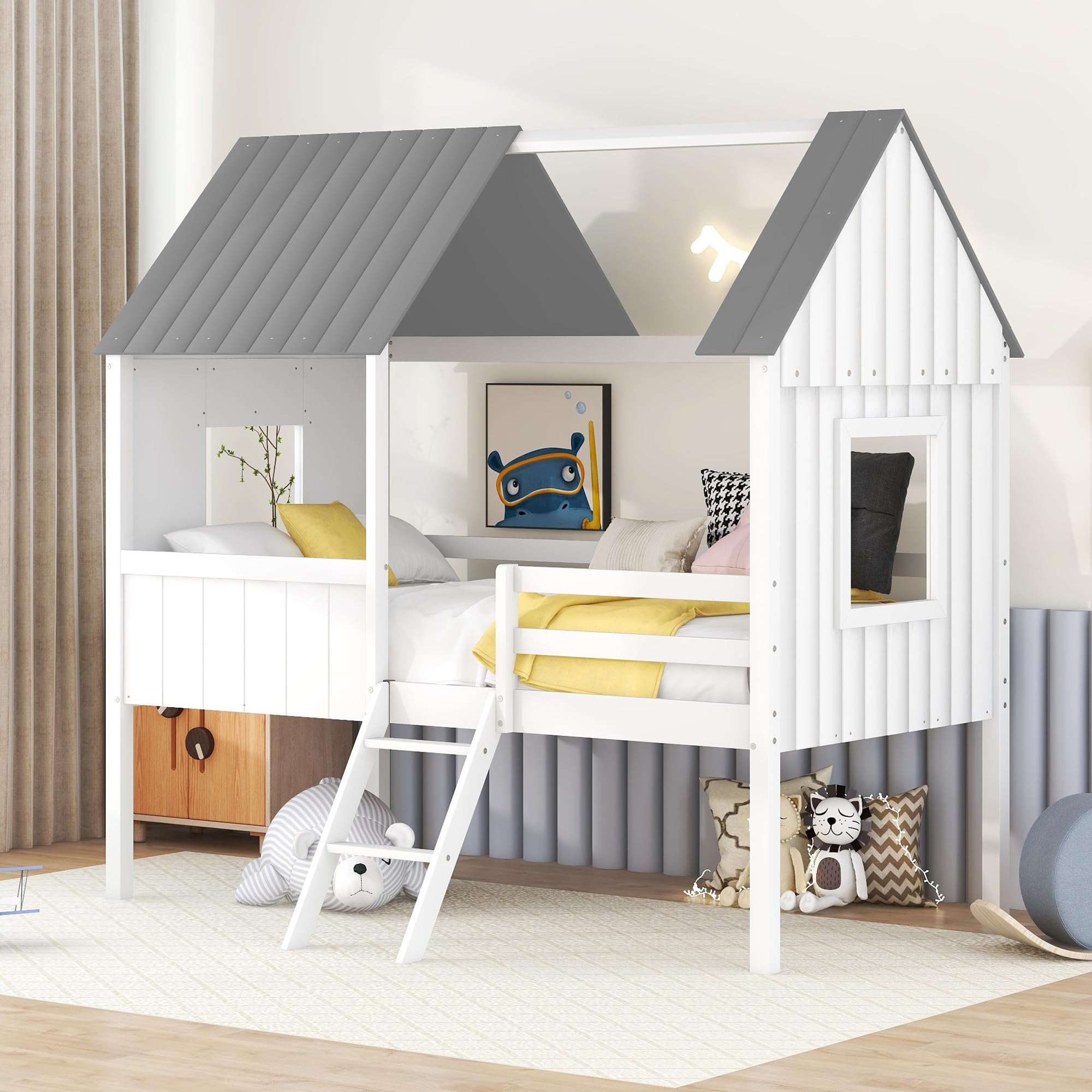 Wooden Playhouse Loft Bed for Kids - Twin Size Low Bunk Bed Frame with Gray & White Finish - Perfect for Girls, Boys & Toddlers Bedroom or Playroom Decor