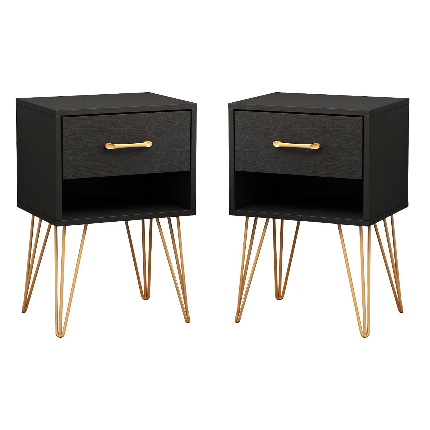 FAMAPY Industrial Nightstand Set of 2 - Modern Bedside Tables with Drawer & Shelf, Black End Tables with Gold Metal Legs (15.7”W x 11.8”D x 23.6”H) - Perfect for Bedroom, Living Room & Small Spaces