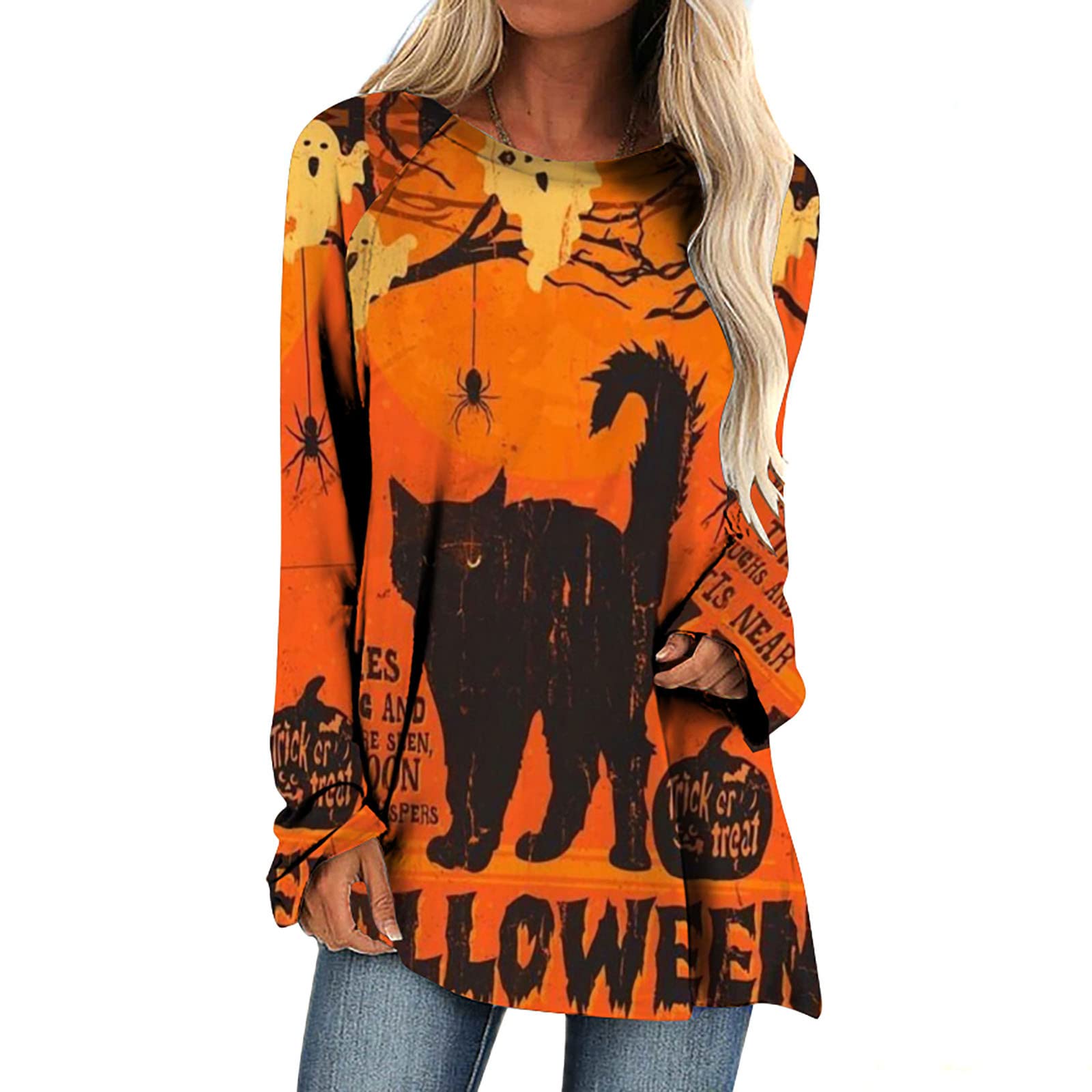 Women's Halloween Graphic Black Cat Tunic Top - Long Sleeve Crewneck Vintage Sweatshirt | Loose Fit Flowy Pullover for Costume Parties & Spooky Season Outfits