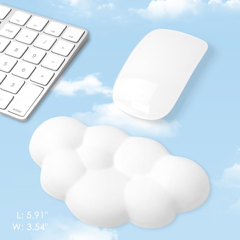 Ergonomic Cloud Wrist Rest Cushion for Mouse - Soft PU Leather Memory Foam Wrist Support Pad with Anti-Skid Base - Pain Relief for Office, School, Home - Compatible with Laptop & Computer Mouse (White) - Perfect for Long Hours of Typing and Gaming