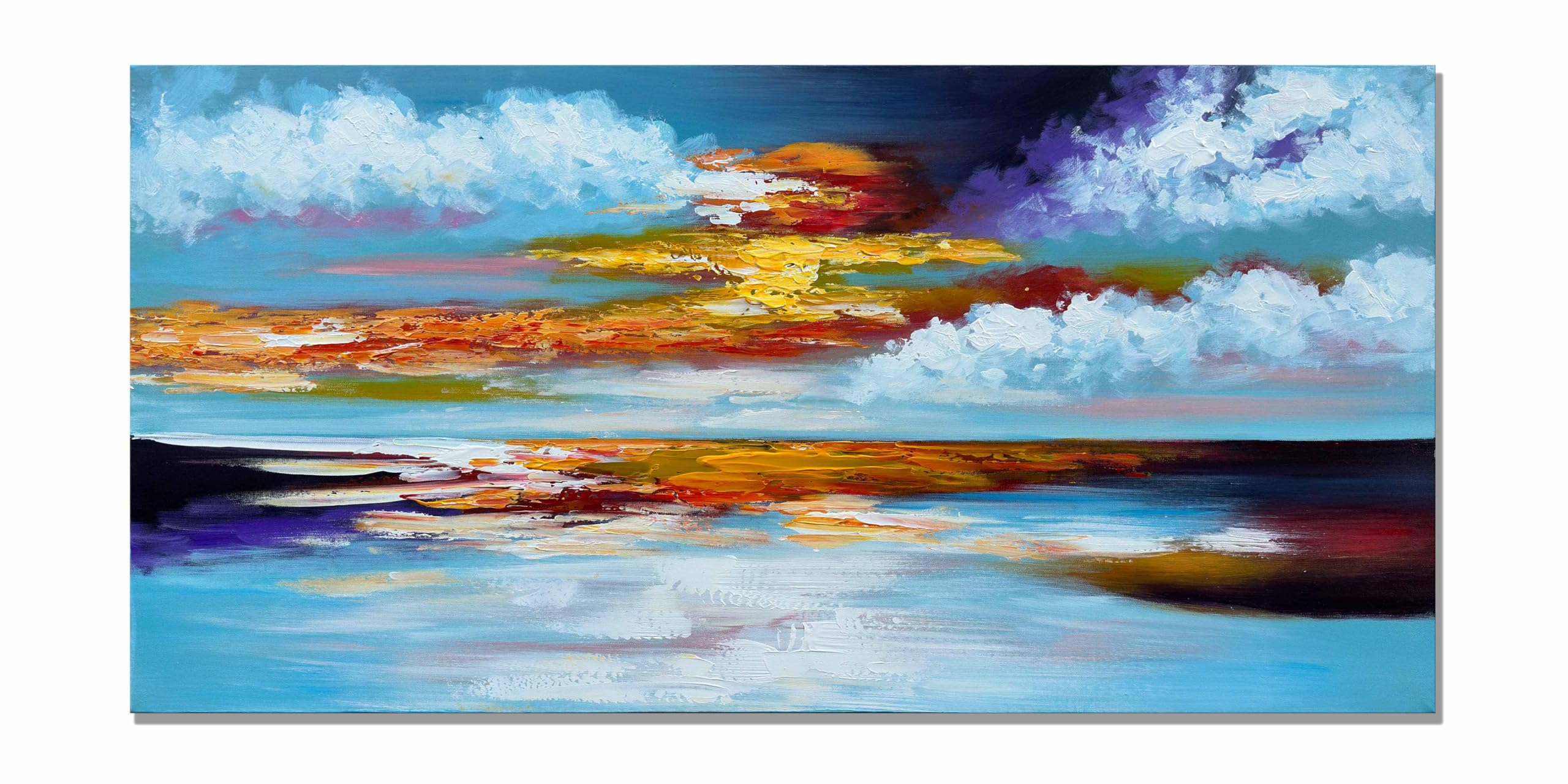 24x48 Inch Large Canvas Wall Art - Hand Painted Sea Sunrise Landscape Oil Painting, Modern Abstract Colorful Textured Home Decor | Durable Fade-Resistant Artwork for Living Room, Bedroom & Office