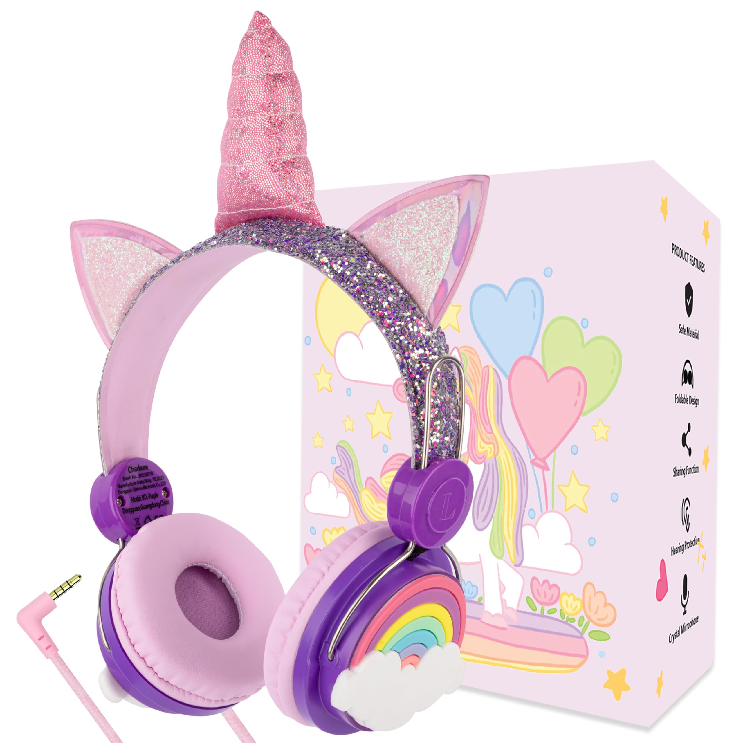 **Rainbow Unicorn Kids Headphones with Microphone - Wired Over-Ear Headset with 3.5mm Jack, HD Sound for School, Online Study, Kindle, Tablet & PC - Perfect Birthday Gift for Girls (Purple)**    *Ideal for virtual learning, gaming, music, and watching videos at home or in the classroom.*