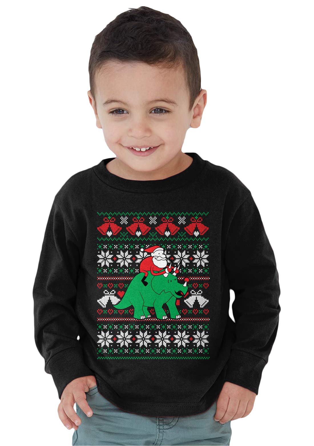 SpiritForged Apparel Santa Riding Triceratops Toddler Long Sleeve Shirt - Dinosaur Christmas T-Shirt for Boys & Girls - Holiday Party & Family Photo Outfit