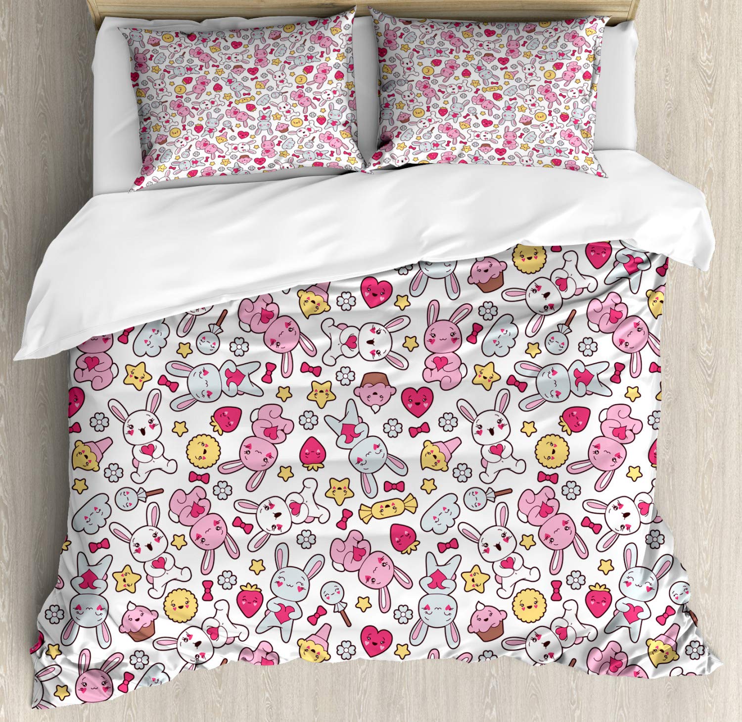 Ambesonne Anime Duvet Cover Set - Japanese Cartoon Happy Bunnies with Cupcakes, Hearts & Flowers Pattern, 3-Piece King Size Bedding Set with 2 Pillow Shams, Multicolor - Perfect for Anime Lovers' Bedroom Decor & Themed Gift Ideas