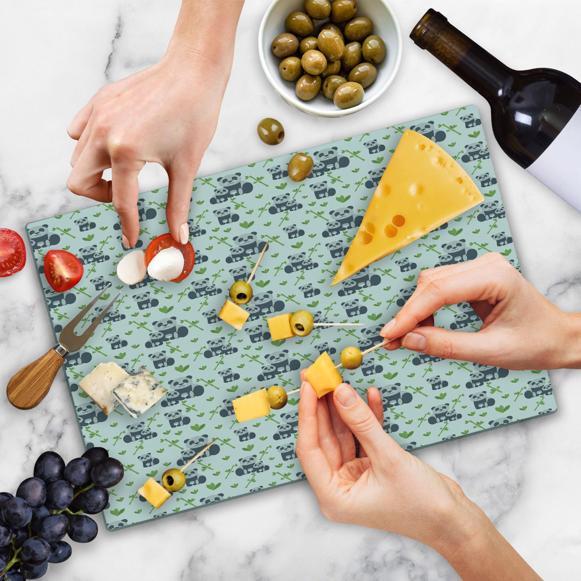 Premium Panda Bear Tempered Glass Cutting Board - Large Monochrome Bear Family & Leaves Print - White & Purple Blue Decorative Serving Board for Kitchen, Dining, Party Use