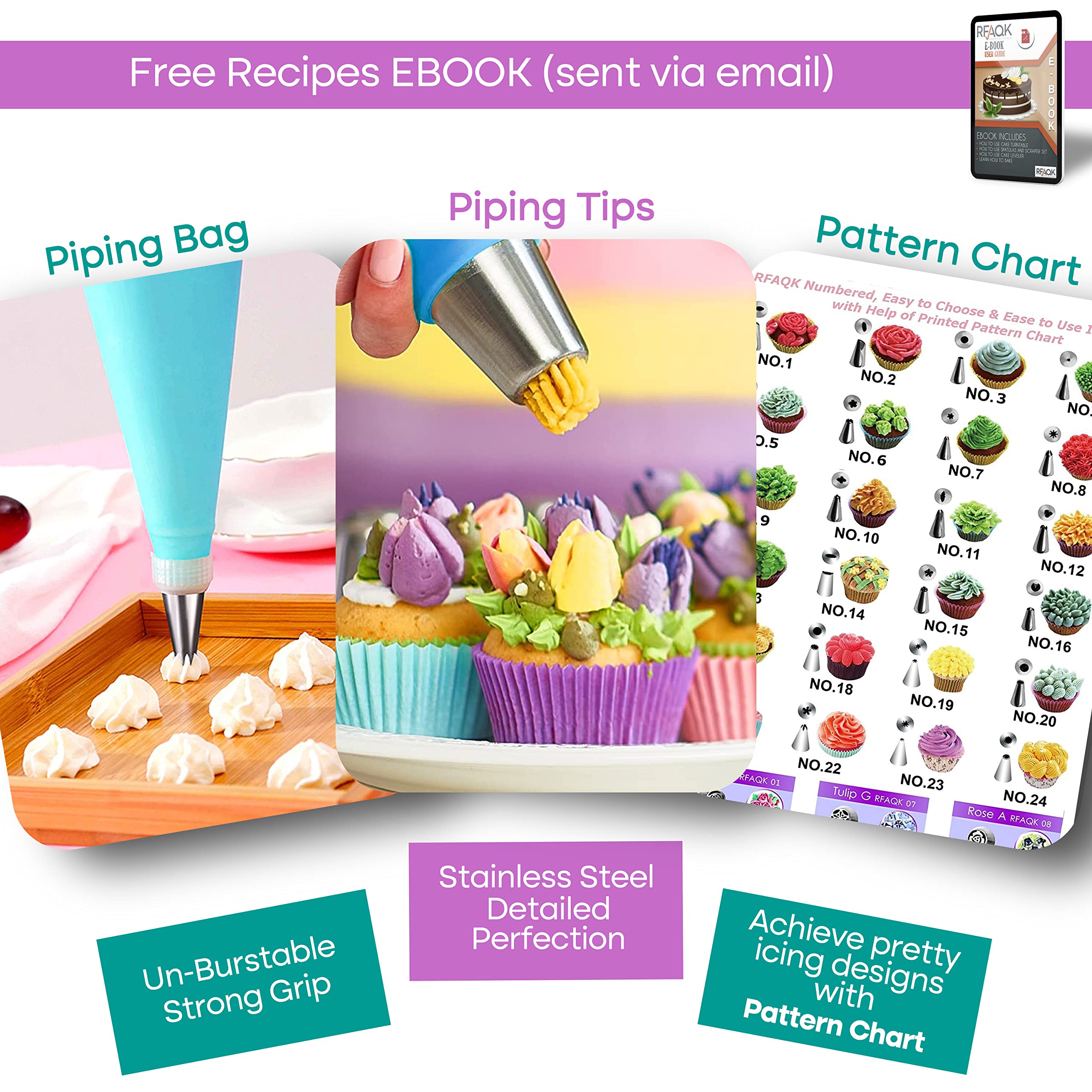 RFAQK 230-Piece Professional Cake Decorating Kit with Turntable, Piping Bags & Tips, Modeling Tools, Cookie Cutters & Icing Smoother - Complete Baking Supplies for Birthday, Wedding & Party Cake Decoration